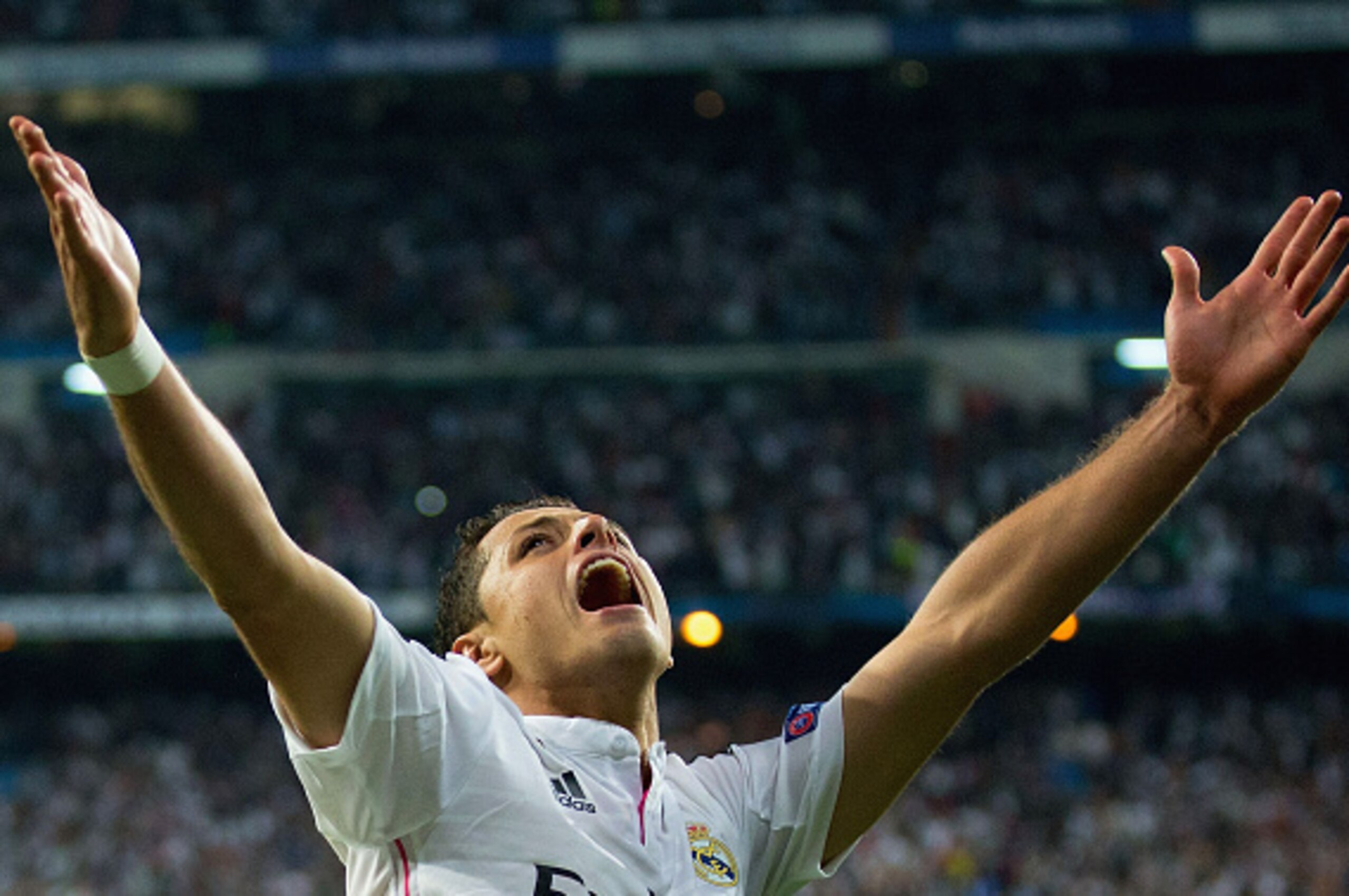 MADRID, SPAIN - APRIL 22:  Javier Hernandez of Real Madrid CF celebrates as he scores their first goal during the UEFA Champions League quarter-final second leg match between Real Madrid CF and Club Atletico de Madrid at Bernabeu on April 22, 2015 in Madr