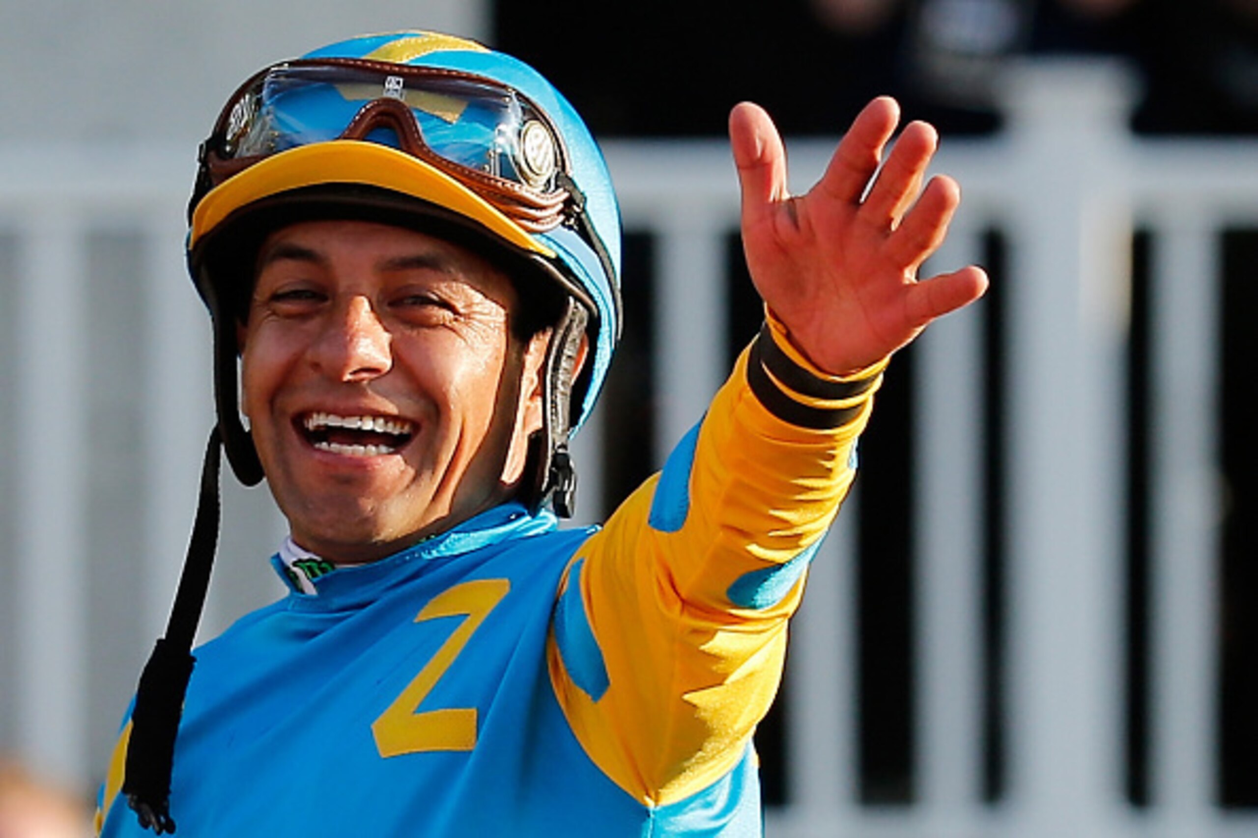 ELMONT, NY - JUNE 06:  Victor Espinoza, celebrates atop American Pharoah #5, in the winner's circle after winning the 147th running of the Belmont Stakes at Belmont Park on June 6, 2015 in Elmont, New York. With the wins American Pharoah becomes the first