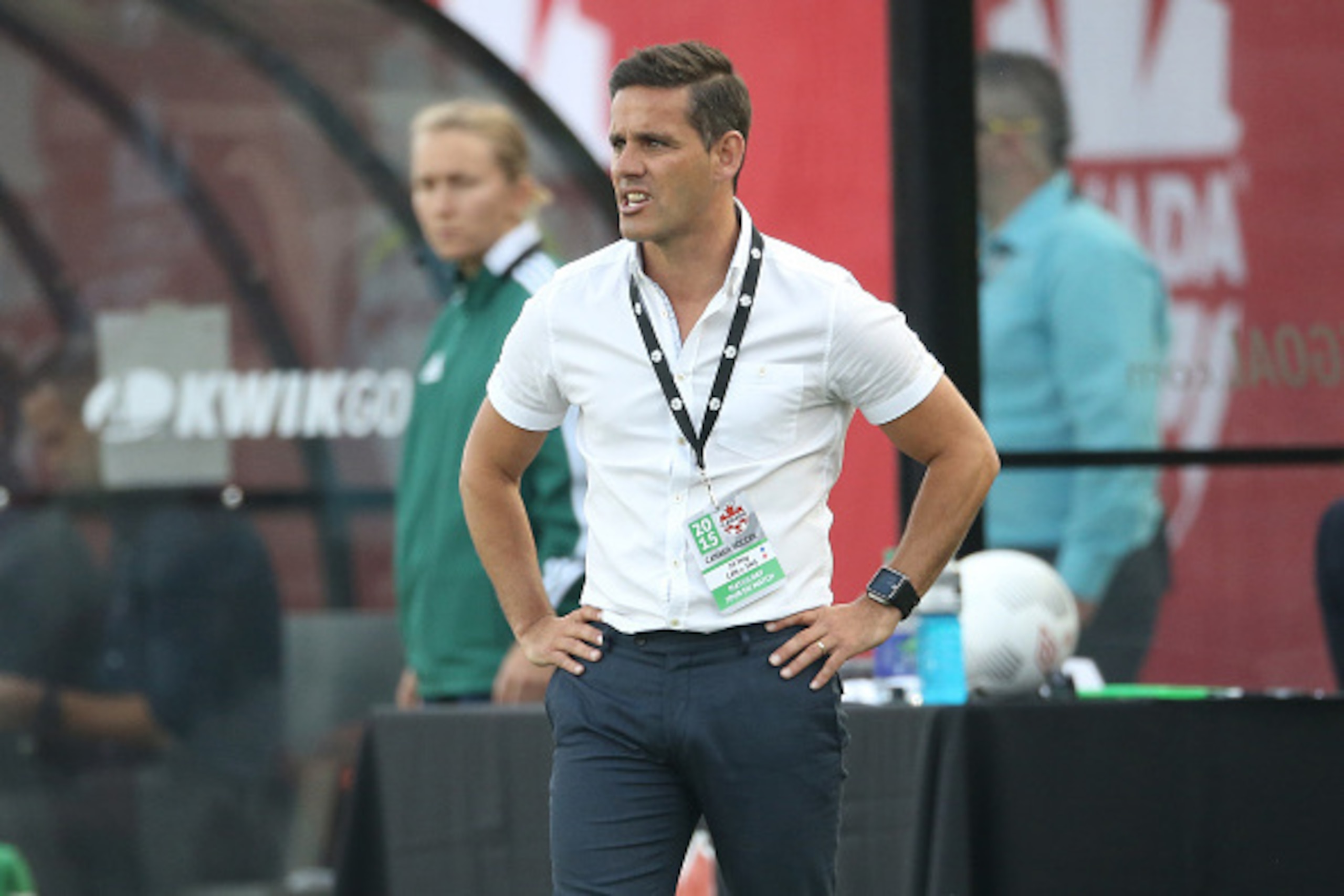 HAMILTON, CANADA - MAY 29: Head coach John Herdman of Canada looks on from the sideline against England during their Women's International Friendly match on May 29, 2015 at Tim Hortons Field in Hamilton, Ontario, Canada. (Photo by Tom Szczerbowski/Getty I
