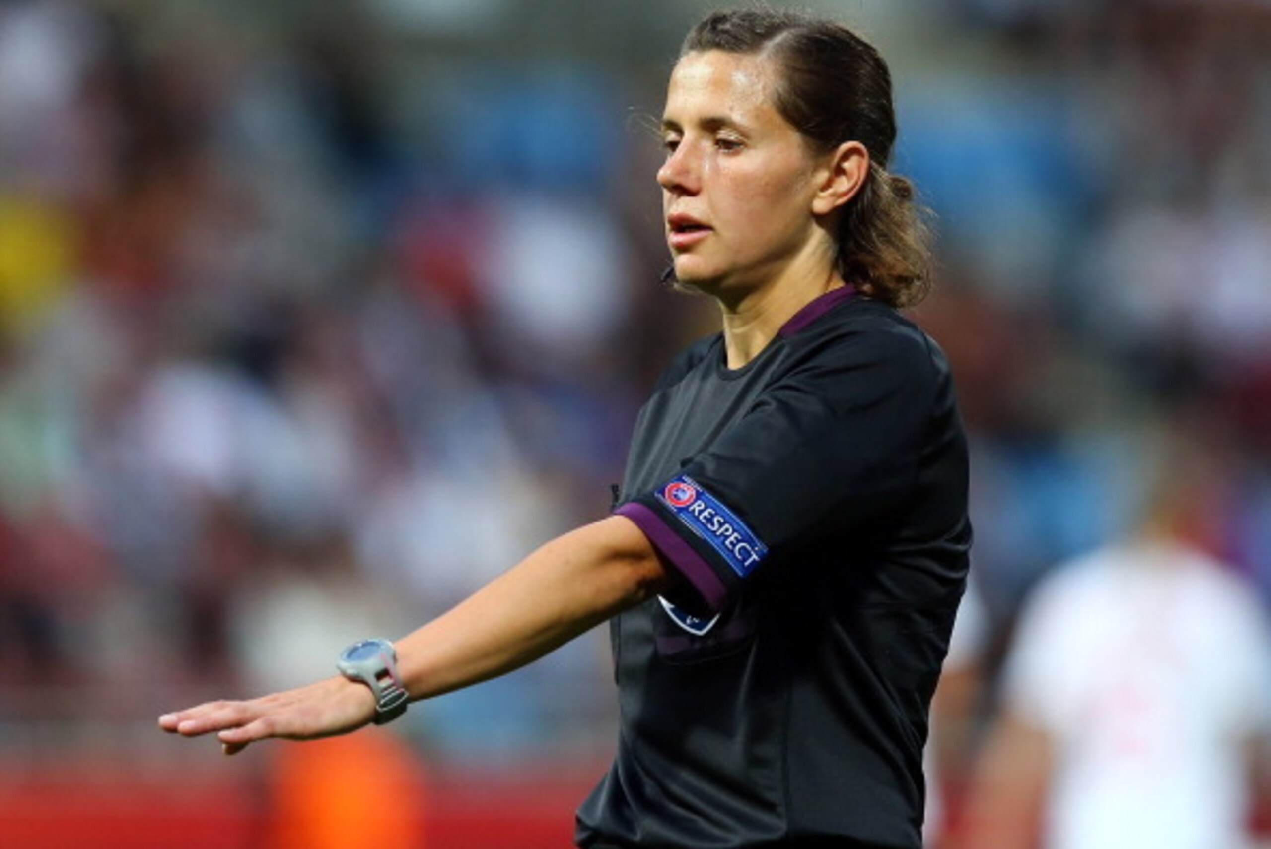 NORRKOPING, SWEDEN - JULY 25: Referee Kateryna Monzul of Ukraine makes a point during the UEFA Women's Euro 2013 semi final match between Norway and Denmark at Nya Parken on July 25, 2013 in Norrkoping, Sweden.  (Photo by Martin Rose/Getty Images)