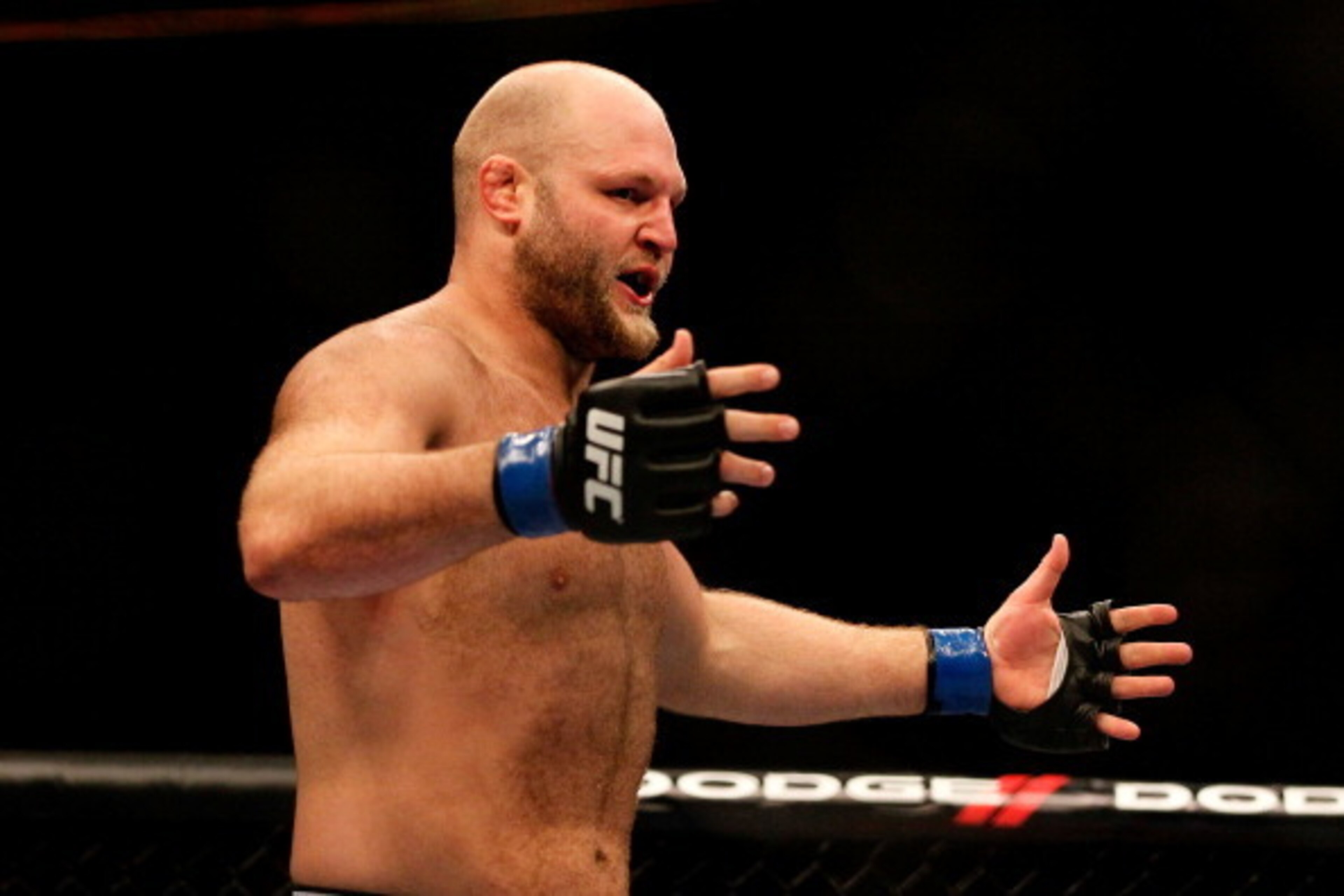 ATLANTA, GA - APRIL 21:  Ben Rothwell celebrates defeating Brendan Schaub in a knockout during their heavyweight bout for UFC 145 at Philips Arena on April 21, 2012 in Atlanta, Georgia.  (Photo by Kevin C. Cox/Getty Images)