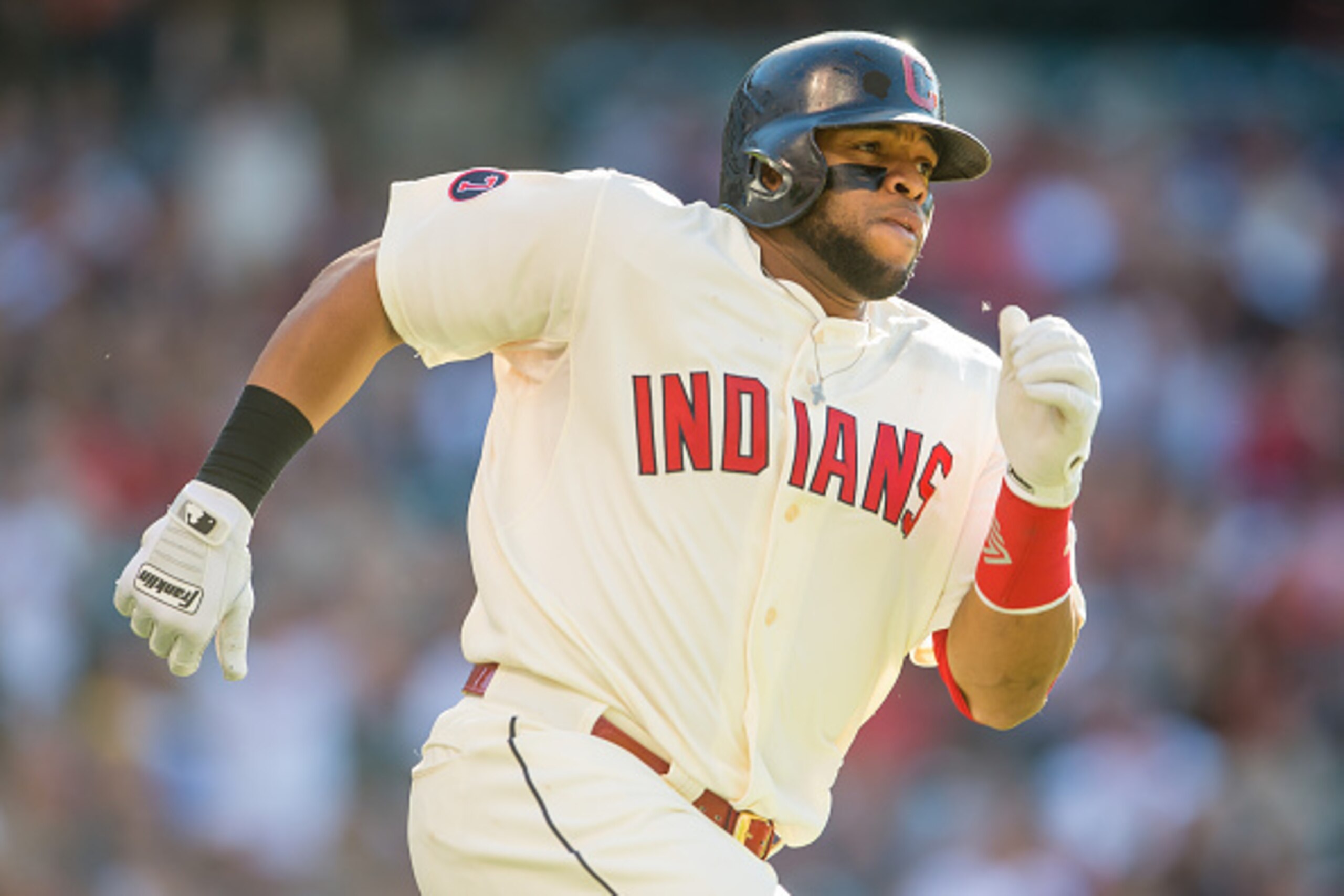 CLEVELAND, OH -  JUNE 6: Carlos Santana #41 of the Cleveland Indians rounds the bases on an RBI double to right during the sixth inning against the Baltimore Orioles at Progressive Field on June 6, 2015 in Cleveland, Ohio. (Photo by Jason Miller/Getty Ima