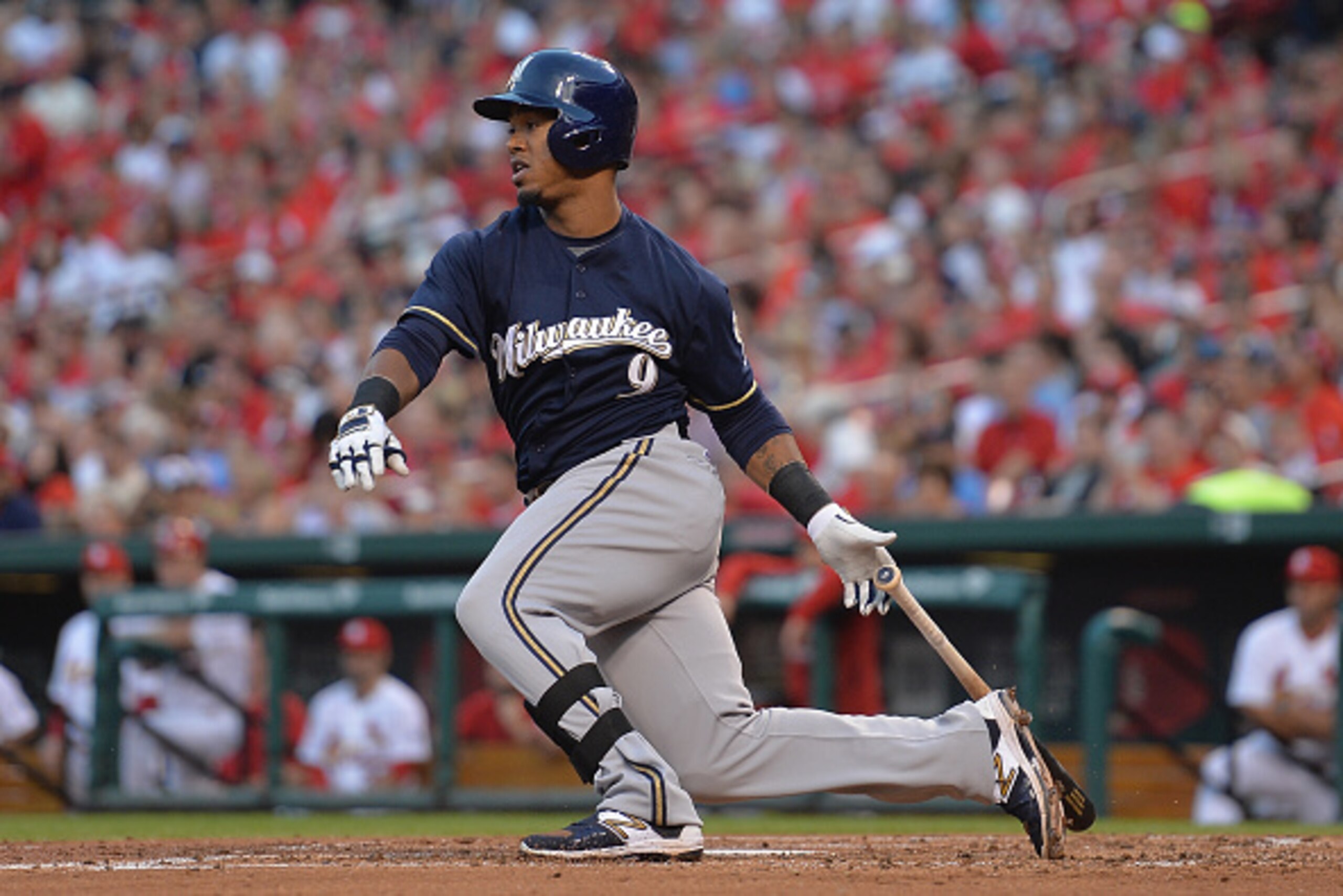 ST. LOUIS, MO - JUNE 2:  Jean Segura #9 of the Milwaukee Brewers hits a lead off single in the third inning against the St. Louis Cardinals at Busch Stadium on June 2, 2015 in St. Louis, Missouri.  (Photo by Michael Thomas/Getty Images)