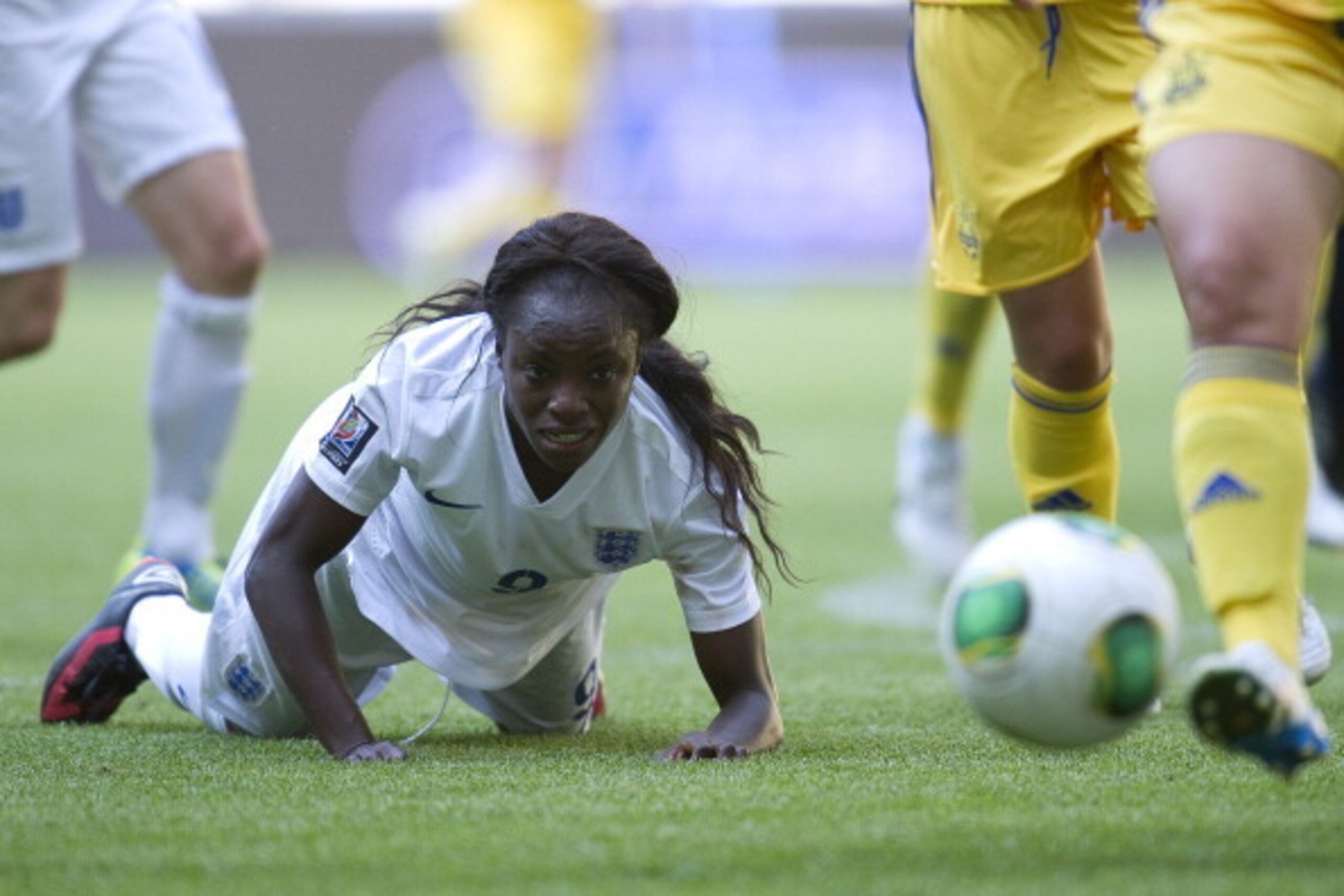 LVIV, UKRAINE - JUNE 19: Eniola Aluko of England Women watches the ball during the FIFA Women's World Cup 2015 Qualifier match between Ukraine Women and England Women at Arena Lviv Stadium on June 19, 2014 in Lviv, Ukraine.  (Photo by Adam Nurkiewicz/Gett