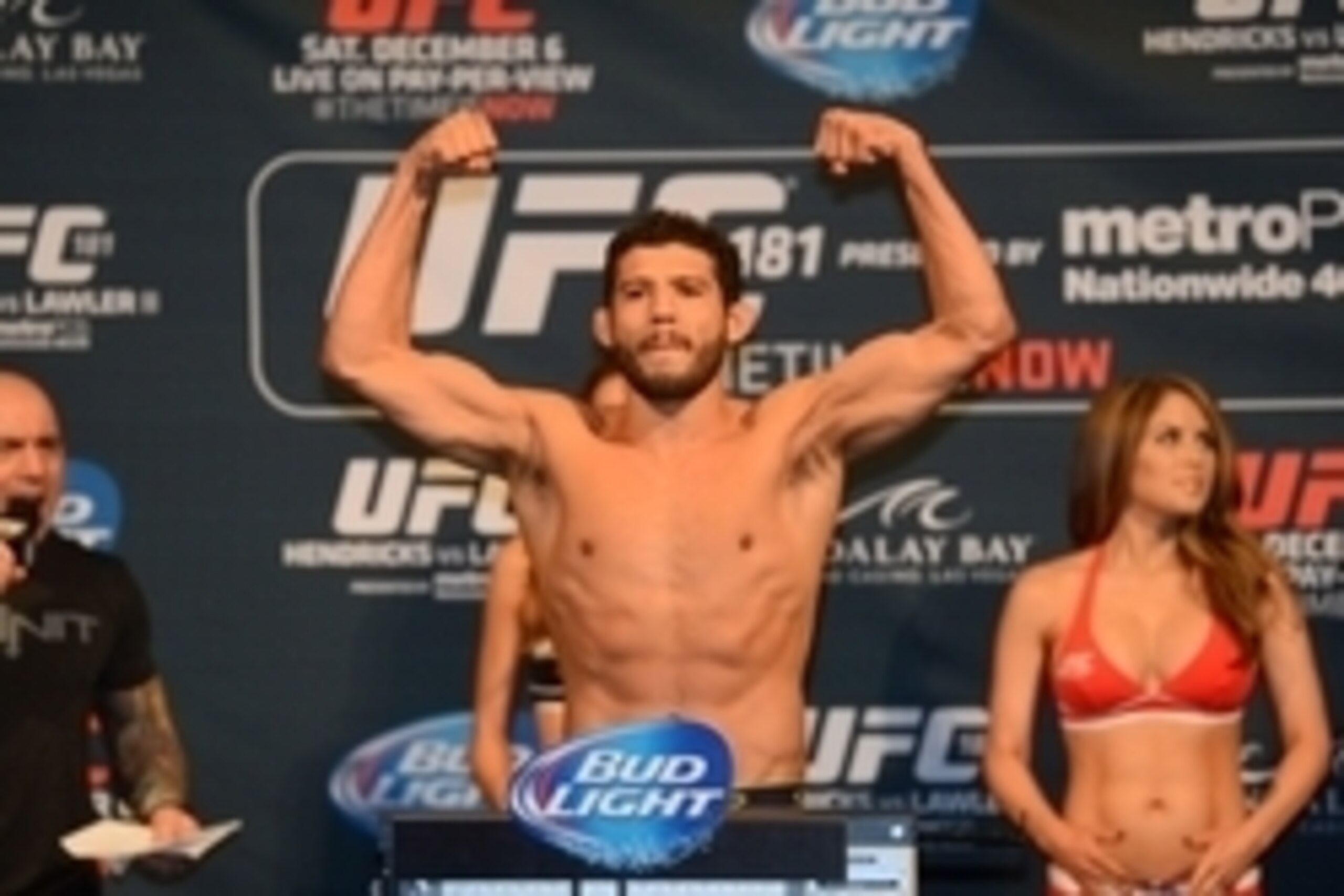 Dec 5, 2014; Las Vegas, Nevada, USA; Gilbert Melendez weighs in for his bout against Anthony Pettis (not pictured) during the UFC 181 weigh-ins at Mandalay Bay Events Center. Mandatory Credit: Joe Camporeale-USA TODAY Sports
