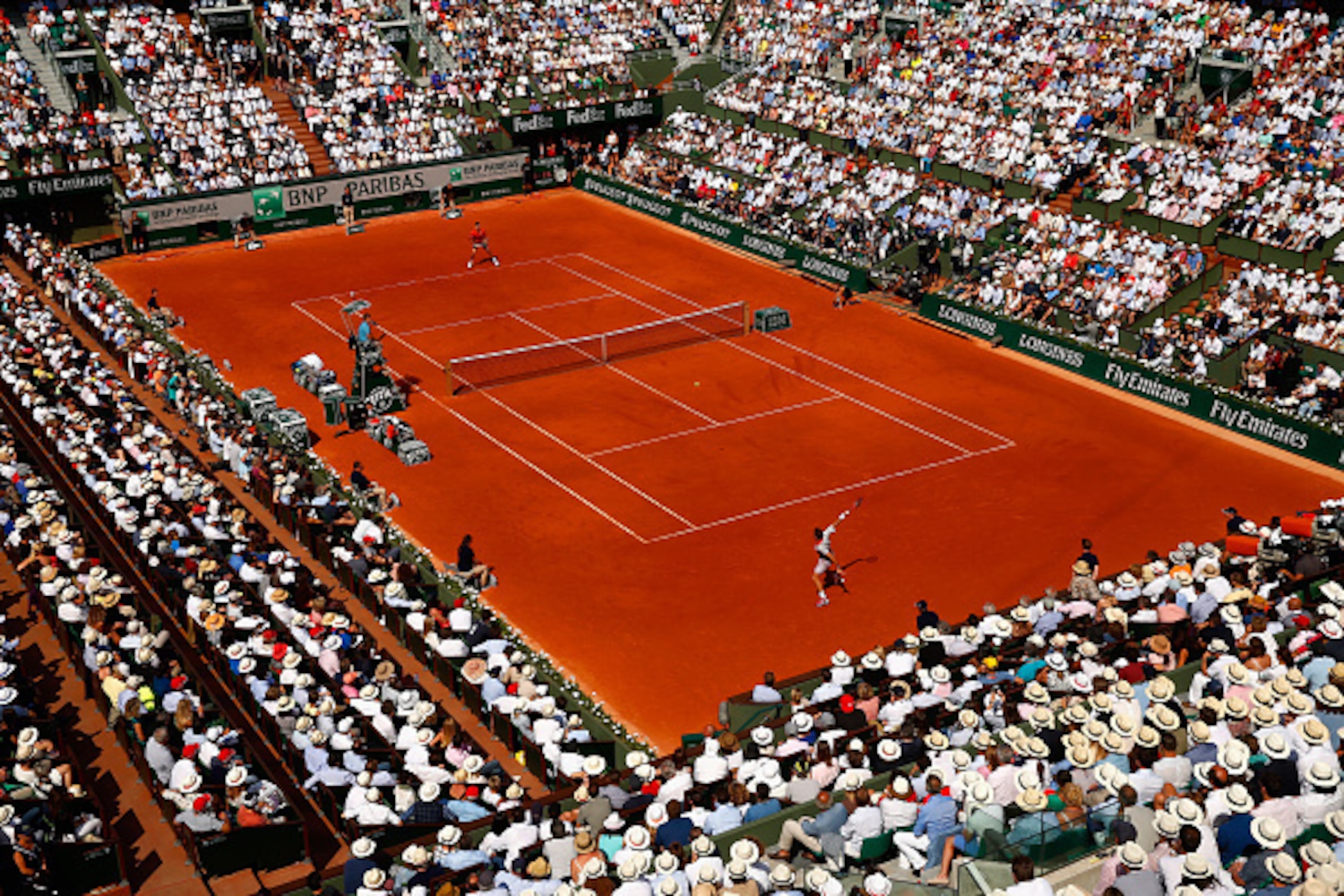 PARIS, FRANCE - JUNE 07:  A general view over Court Philippe Chatrier during the Men's Singles Final betwen Novak Djokovic of Serbia and Stanislas Wawrinka of Switzerland on day fifteen of the 2015 French Open at Roland Garros on June 7, 2015 in Paris, Fr