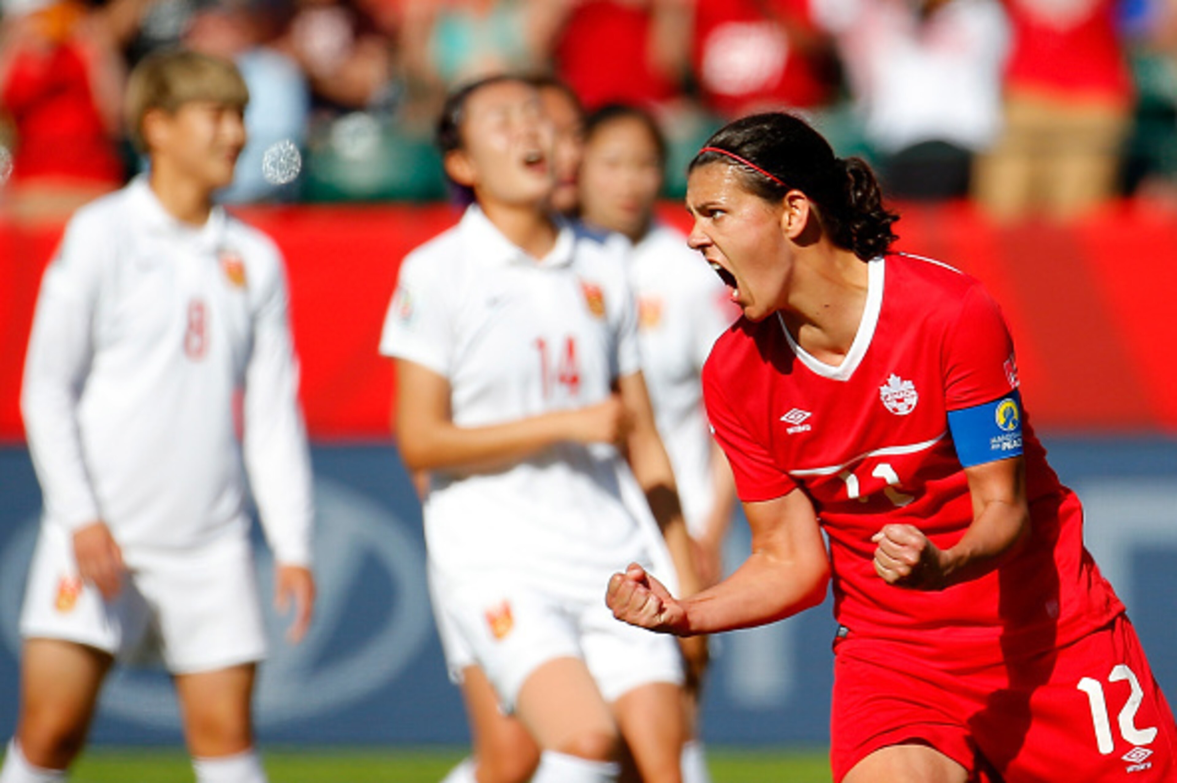EDMONTON, AB - JUNE 06: Christine Sinclair #12 of Canada reacts after scoring the go-ahead goal on a penalty kick in the final minutes against China during the FIFA Women's World Cup Canada 2015 Group A match between Canada and China PR at Commonwealth S EDMONTON, AB - JUNE 06: Christine Sinclair #12 of Canada reacts after scoring the go-ahead goal on a penalty kick in the final minutes against China during the FIFA Women's World Cup Canada 2015 Group A match between Canada and China PR at Commonwealth S