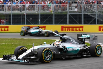 MONTREAL, QC - JUNE 07:  Lewis Hamilton of Great Britain and Mercedes GP leads teammate Nico Rosberg of Germany and Mercedes GP during the Canadian Formula One Grand Prix at Circuit Gilles Villeneuve on June 7, 2015 in Montreal, Canada.  (Photo by Clive M