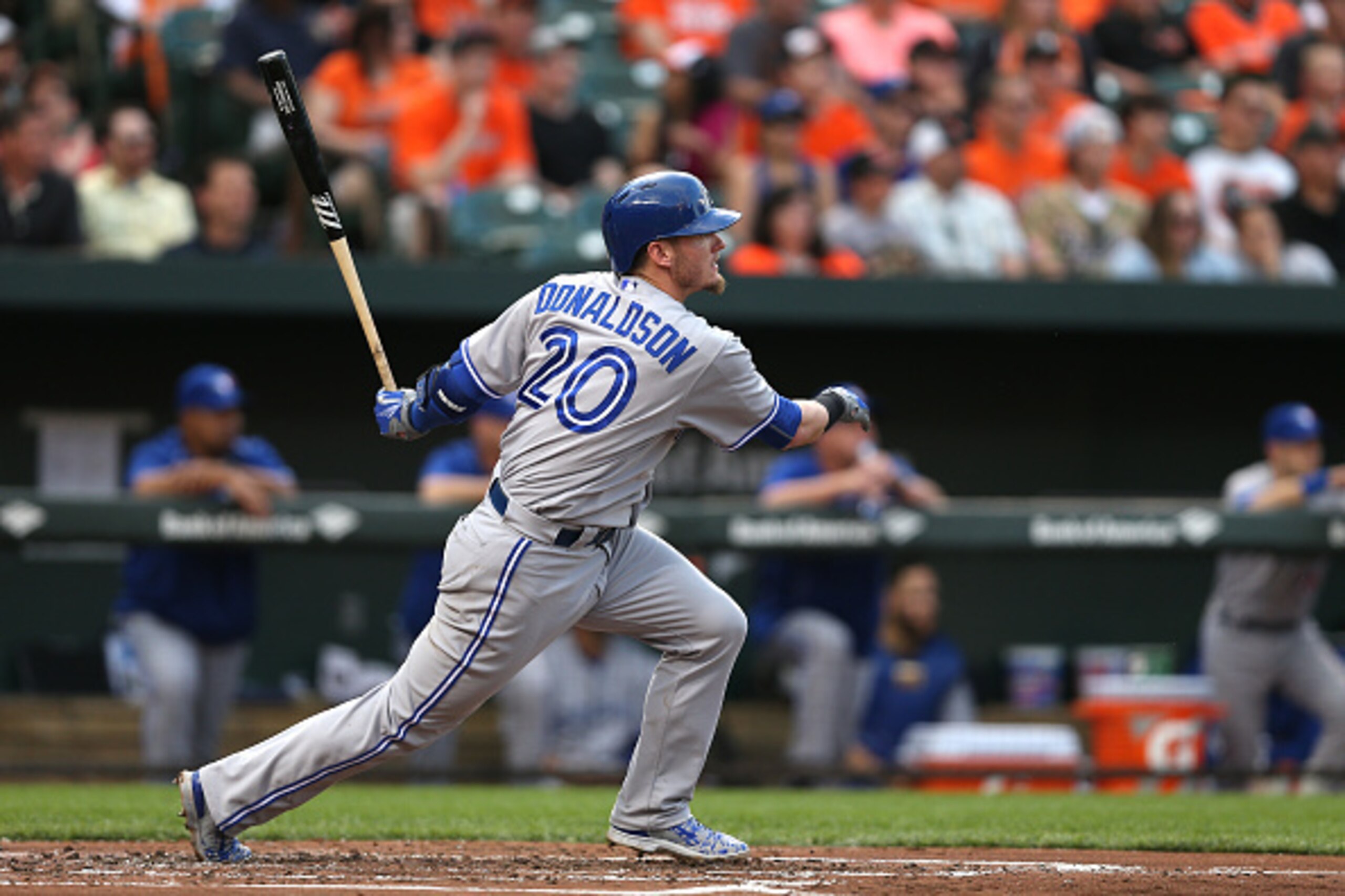 BALTIMORE, MD - MAY 12: Josh Donaldson #20 of the Toronto Blue Jays hits against the Baltimore Orioles at Oriole Park at Camden Yards on May 12, 2015 in Baltimore, Maryland. The Toronto Blue Jays won, 10-2. (Photo by Patrick Smith/Getty Images) BALTIMORE, MD - MAY 12: Josh Donaldson #20 of the Toronto Blue Jays hits against the Baltimore Orioles at Oriole Park at Camden Yards on May 12, 2015 in Baltimore, Maryland. The Toronto Blue Jays won, 10-2. (Photo by Patrick Smith/Getty Images)