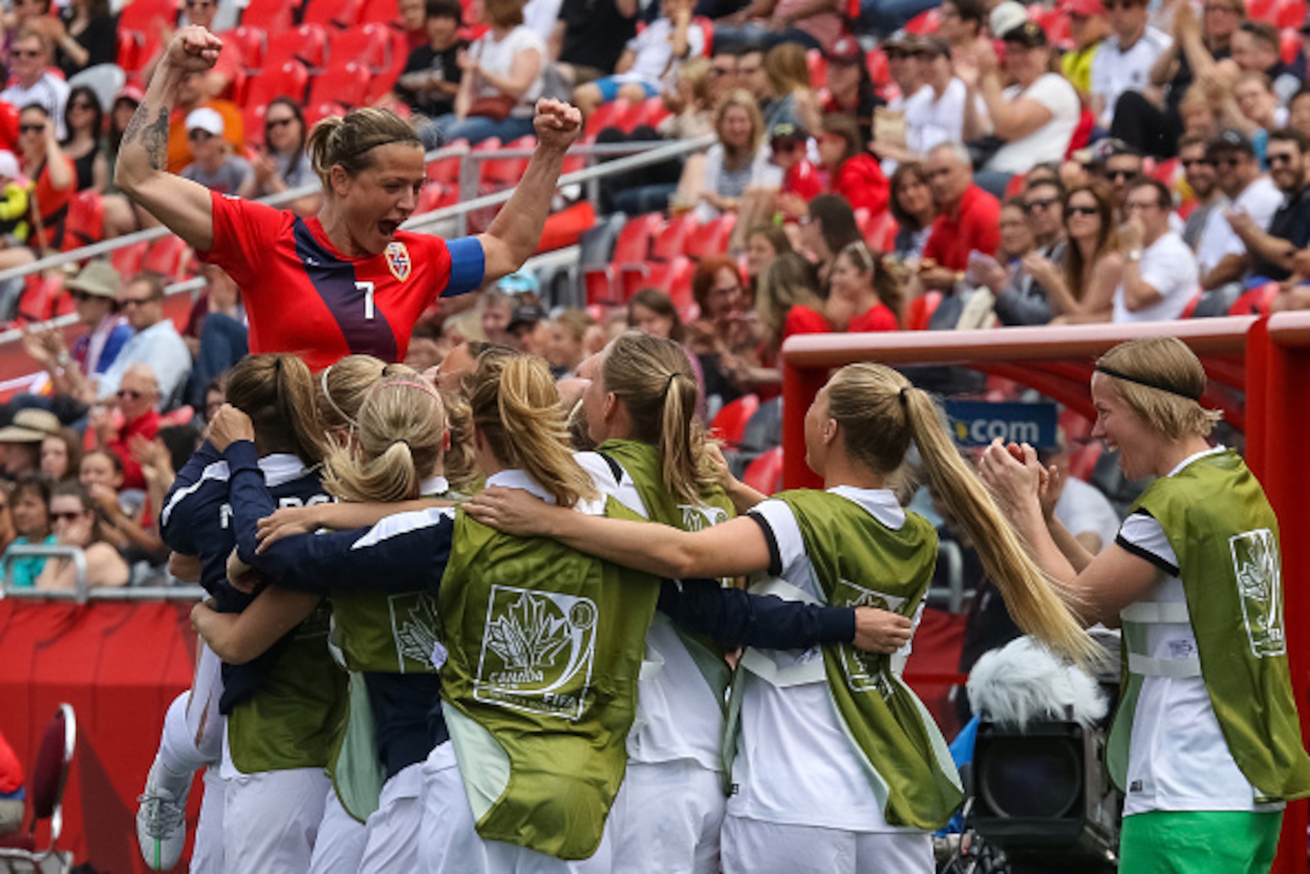 OTTAWA, ON - JUNE 7: Trine Bjerke Ronning #7 of Norway celebrates her goal against Thailand with teammates during the FIFA Women's World Cup Canada 2015 Group B match between Norway and Thailand at Lansdowne Stadium on June 7, 2015 in Ottawa, Canada.  (Ph