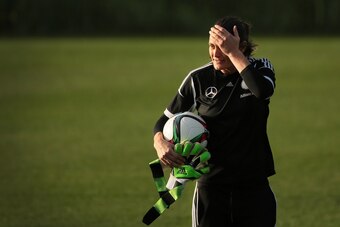 MARBELLA, SPAIN - FEBRUARY 09:  Goalkeeper Nadine Angerer reacts during a Germany Women's Training Session at Marbella Football Center on February 9, 2015 in Marbella, Spain.  (Photo by Sergio Camacho/Getty Images)