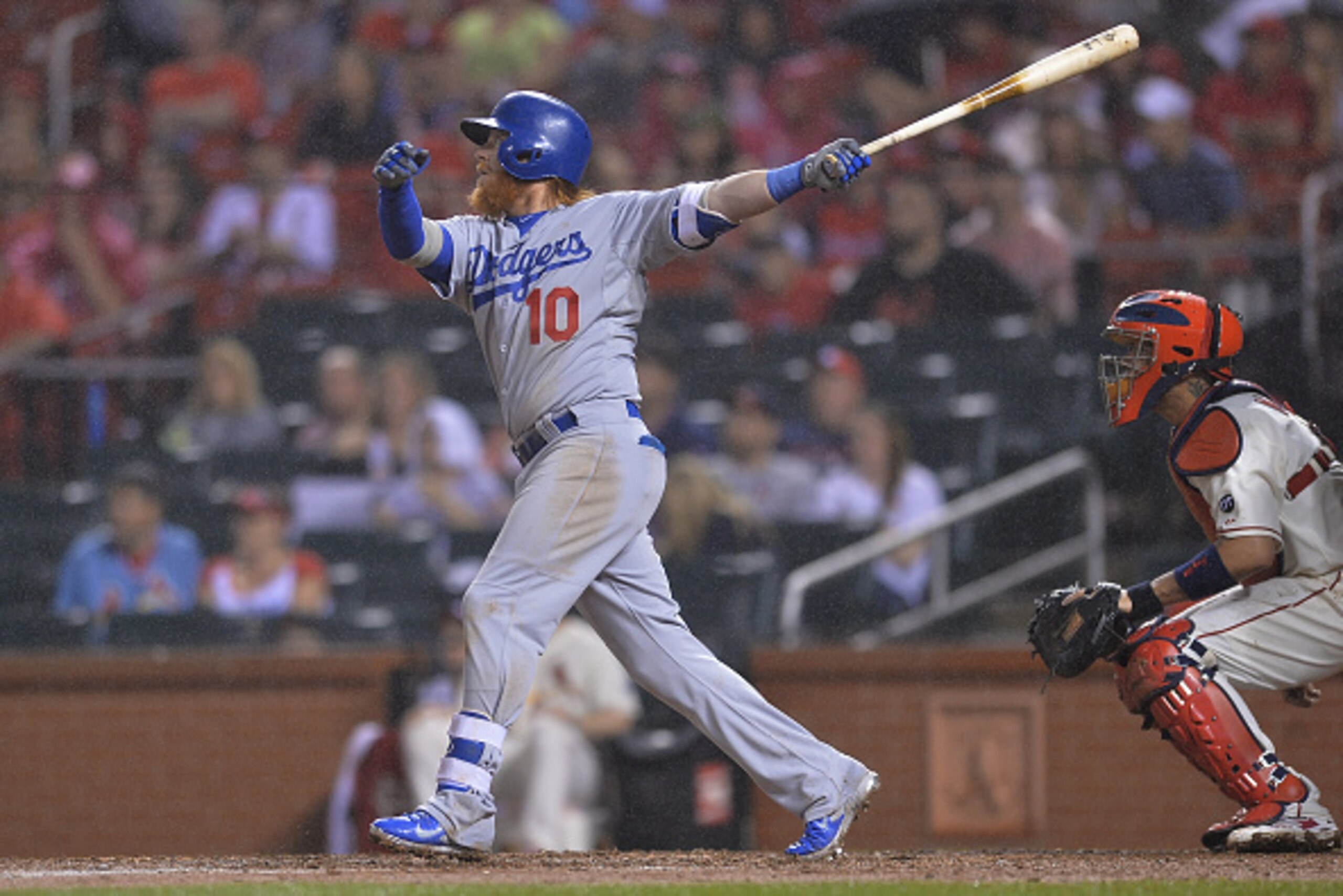 ST. LOUIS, MO - MAY 30:  Justin Turner #10 of the Los Angeles Dodgers hits a double in the sixth inning against the St. Louis Cardinals at Busch Stadium on May 30, 2015 in St. Louis, Missouri.  (Photo by Michael Thomas/Getty Images)