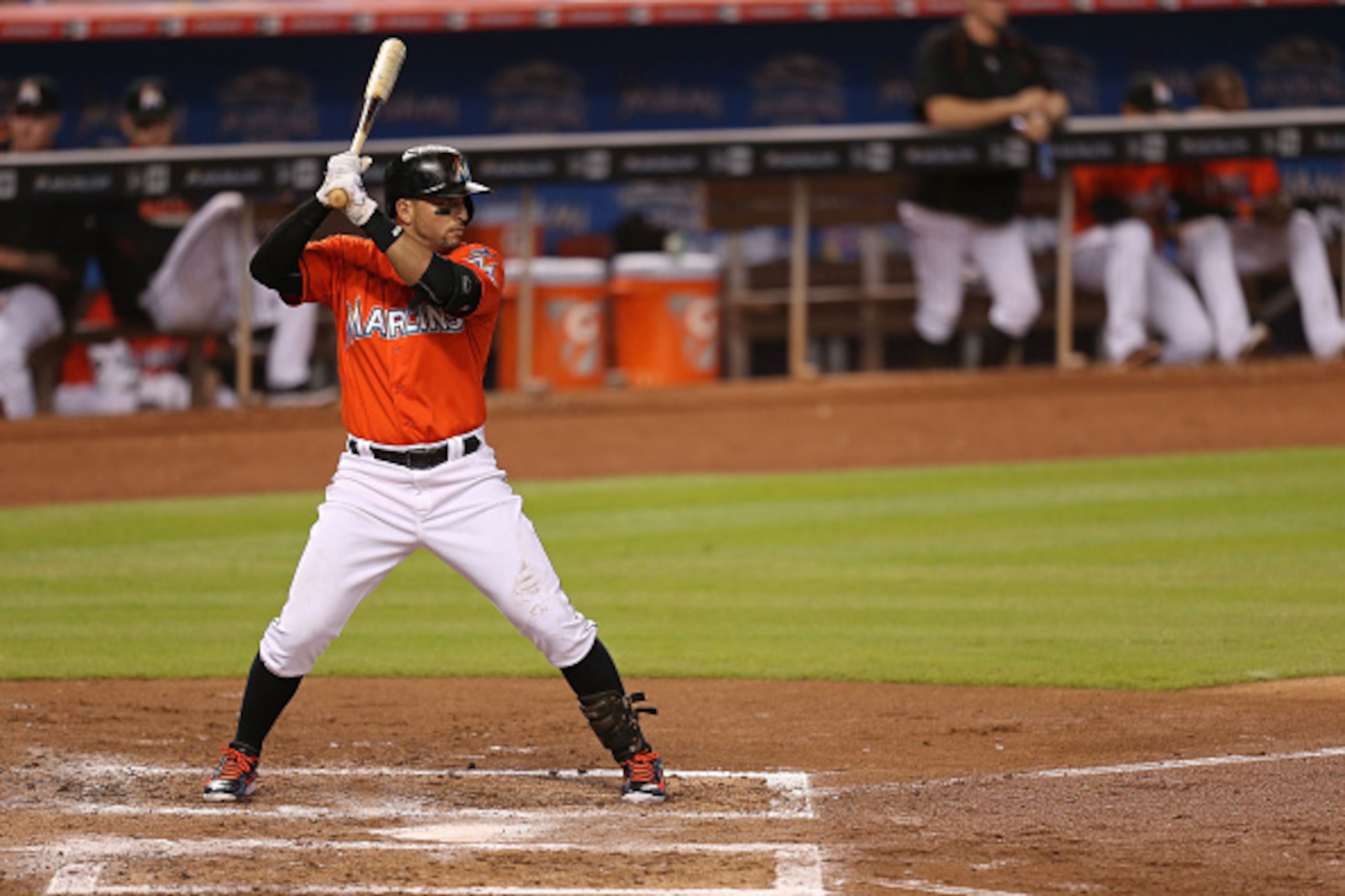 MIAMI, FL - MAY 24: Martin Prado #14 of the Miami Marlins bats during the third inning of the game against the Baltimore Orioles at Marlins Park on May 24, 2015 in Miami, Florida.  (Photo by Rob Foldy/Getty Images)