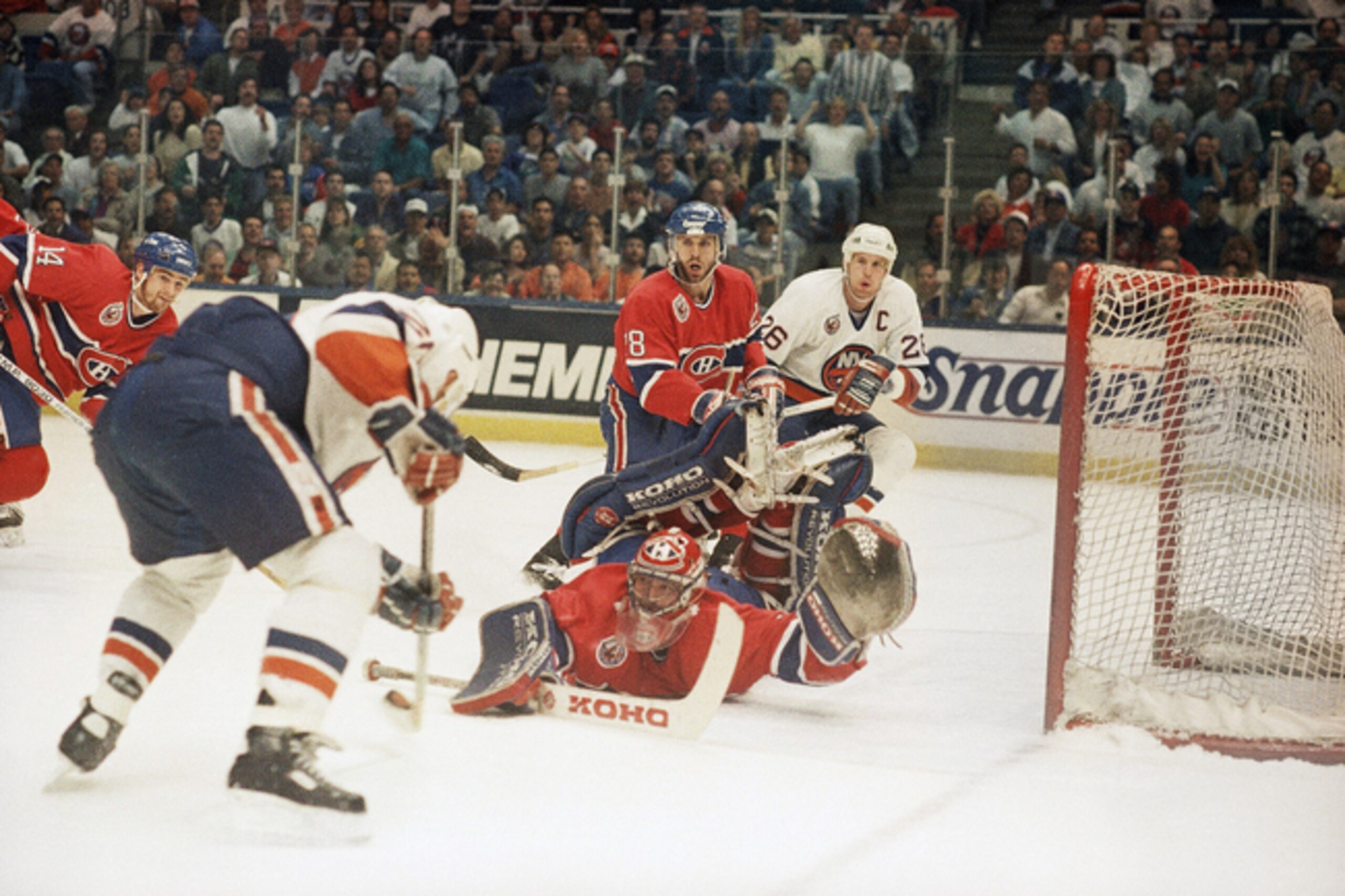 Patrick Roy makes a save for the Canadiens in the 1993 NHL playoffs, the last year a Canadian team won the Stanley Cup.