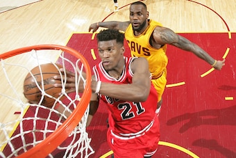 CLEVELAND, OH - MAY 12:  Jimmy Butler #21 of the Chicago Bulls goes up for a shot against the Cleveland Cavaliers in Game Five of the Eastern Conference Semifinals of the NBA Playoffs at The Quicken Loans Arena on May 12, 2015 in Cleveland, Ohio. NOTE TO 