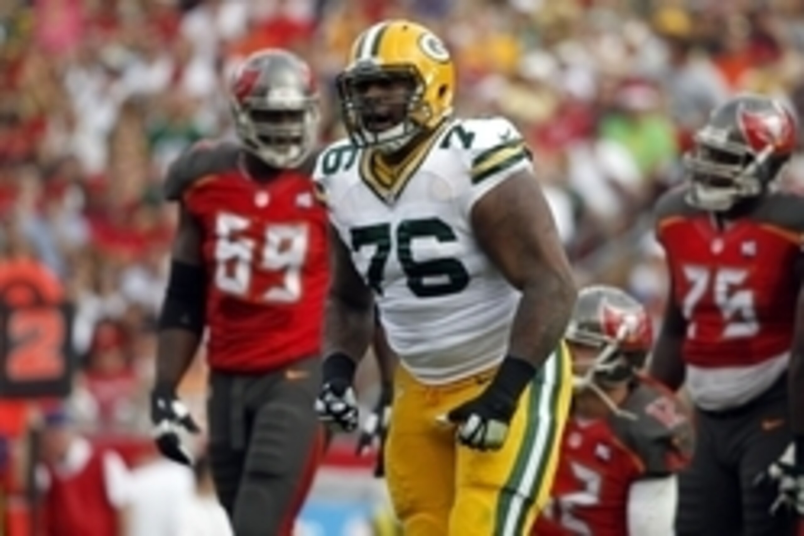 Dec 21, 2014; Tampa, FL, USA; Green Bay Packers defensive end Mike Daniels (76) reacts after he sacked Tampa Bay Buccaneers quarterback Josh McCown (not pictured) during the first quarter at Raymond James Stadium. Mandatory Credit: Kim Klement-USA TODAY S