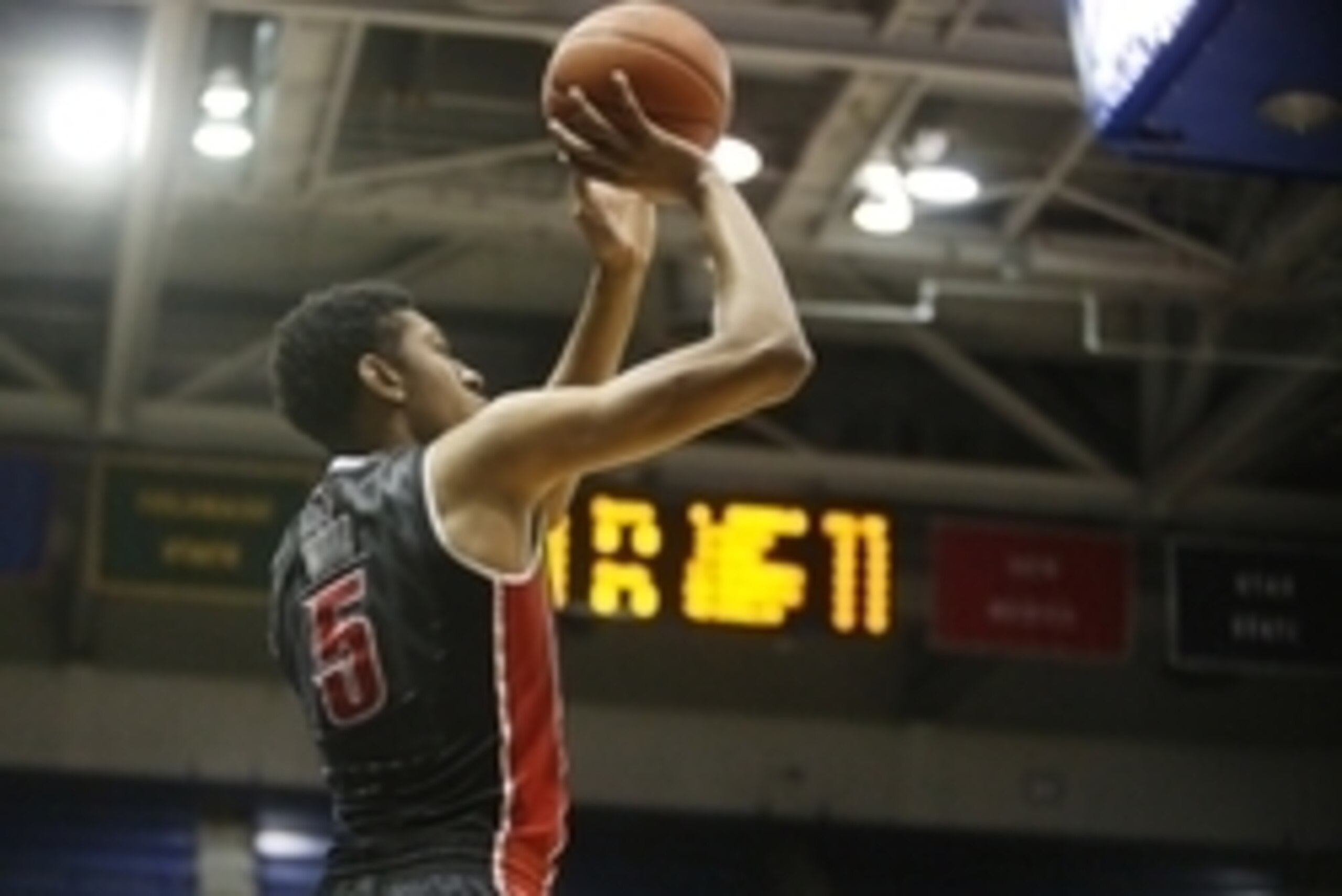 Feb 14, 2015; Colorado Springs, CO, USA; UNLV Rebels forward Christian Wood (5) shoots the ball during the first half against the Air Force Falcons at Clune Arena. Mandatory Credit: Chris Humphreys-USA TODAY Sports