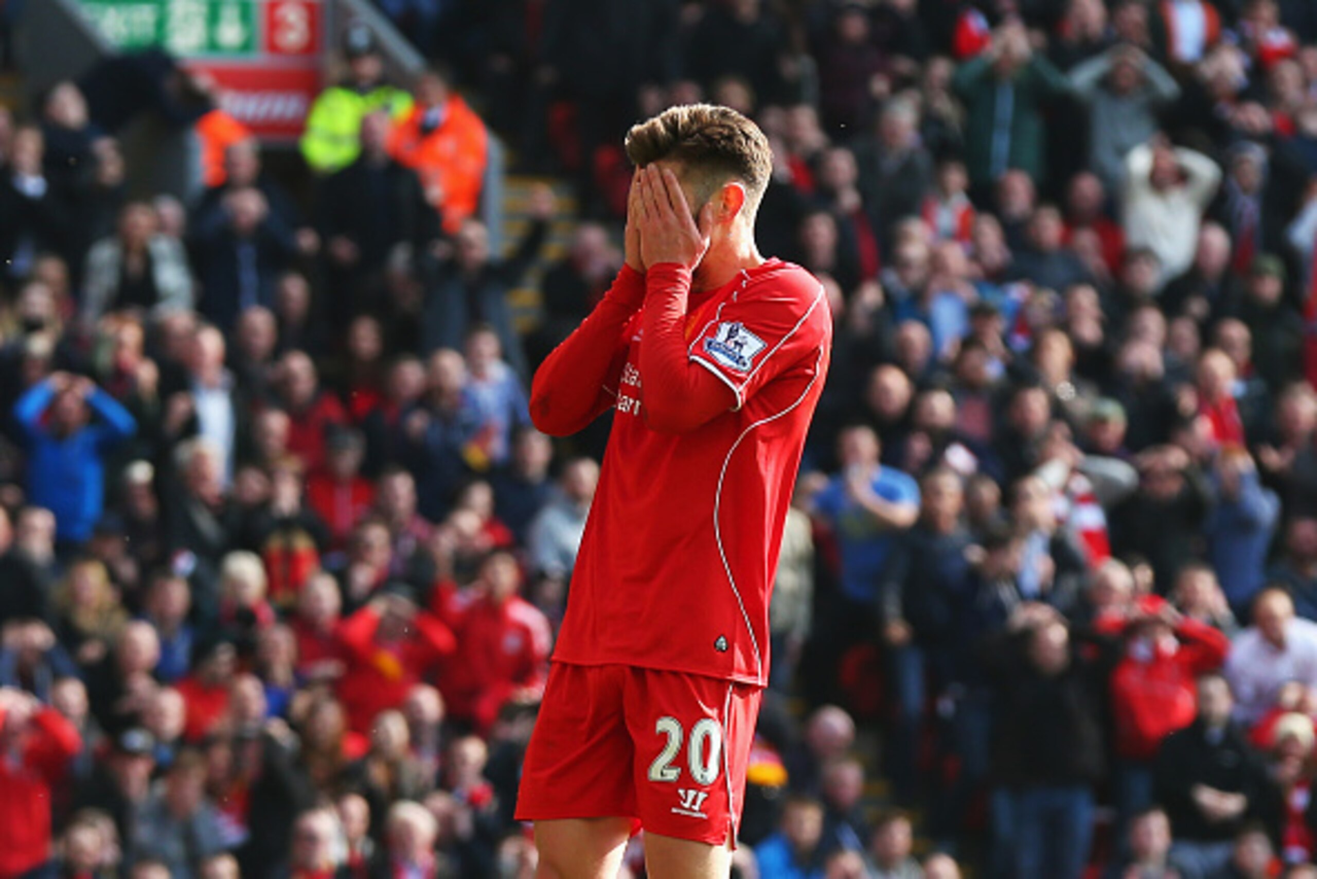 LIVERPOOL, ENGLAND - MARCH 22:  Adam Lallana of Liverpool looks dejected after failing to score during the Barclays Premier League match between Liverpool and Manchester United at Anfield on March 22, 2015 in Liverpool, England.  (Photo by Alex Livesey/Ge