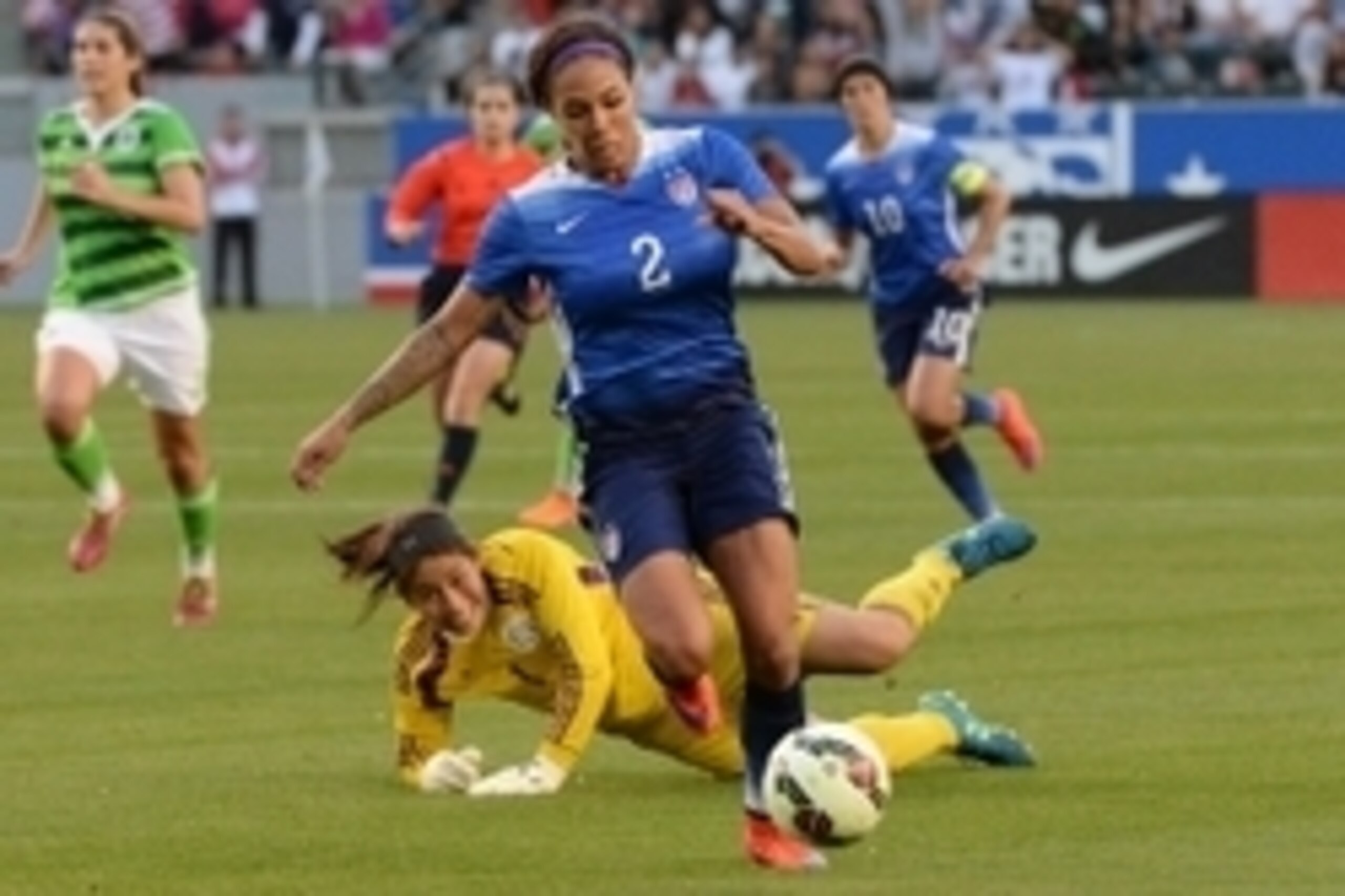 May 17, 2015; Carson, CA, USA; USA defender Sydney Leroux (2) gets by Mexico goalkeeper Cecilia Santiago (1) as she heads toward the goal in the first half of the game at StubHub Center. Mandatory Credit: Jayne Kamin-Oncea-USA TODAY Sports
