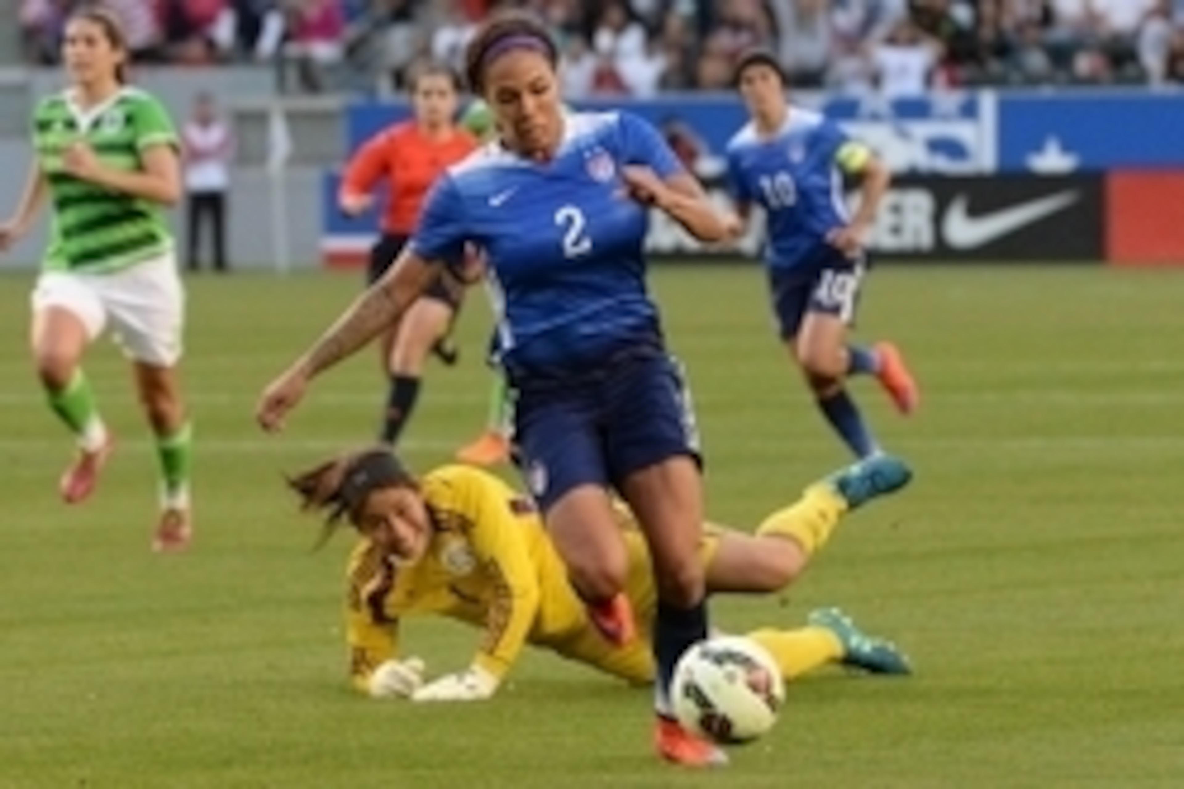 May 17, 2015; Carson, CA, USA; USA defender Sydney Leroux (2) gets by Mexico goalkeeper Cecilia Santiago (1) as she heads toward the goal in the first half of the game at StubHub Center. Mandatory Credit: Jayne Kamin-Oncea-USA TODAY Sports
