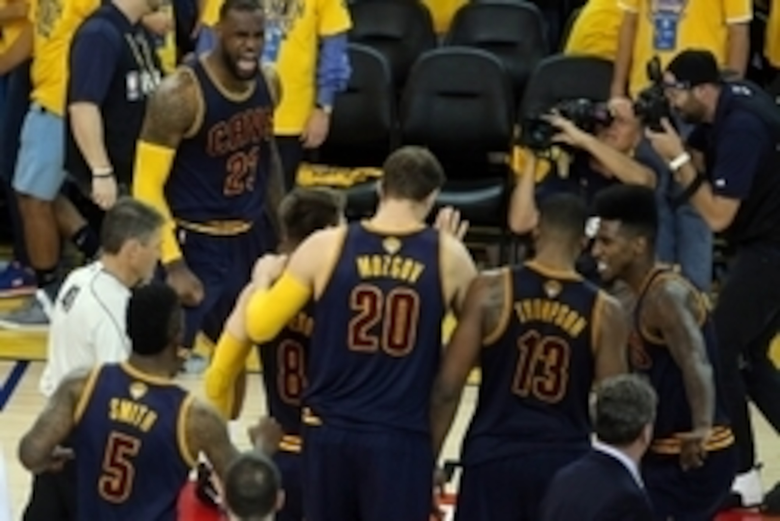 June 7, 2015; Oakland, CA, USA; Cleveland Cavaliers forward LeBron James (23) reacts following the 95-93 victory against the Golden State Warriors in game two of the NBA Finals at Oracle Arena. Mandatory Credit: Kelley L Cox-USA TODAY Sports