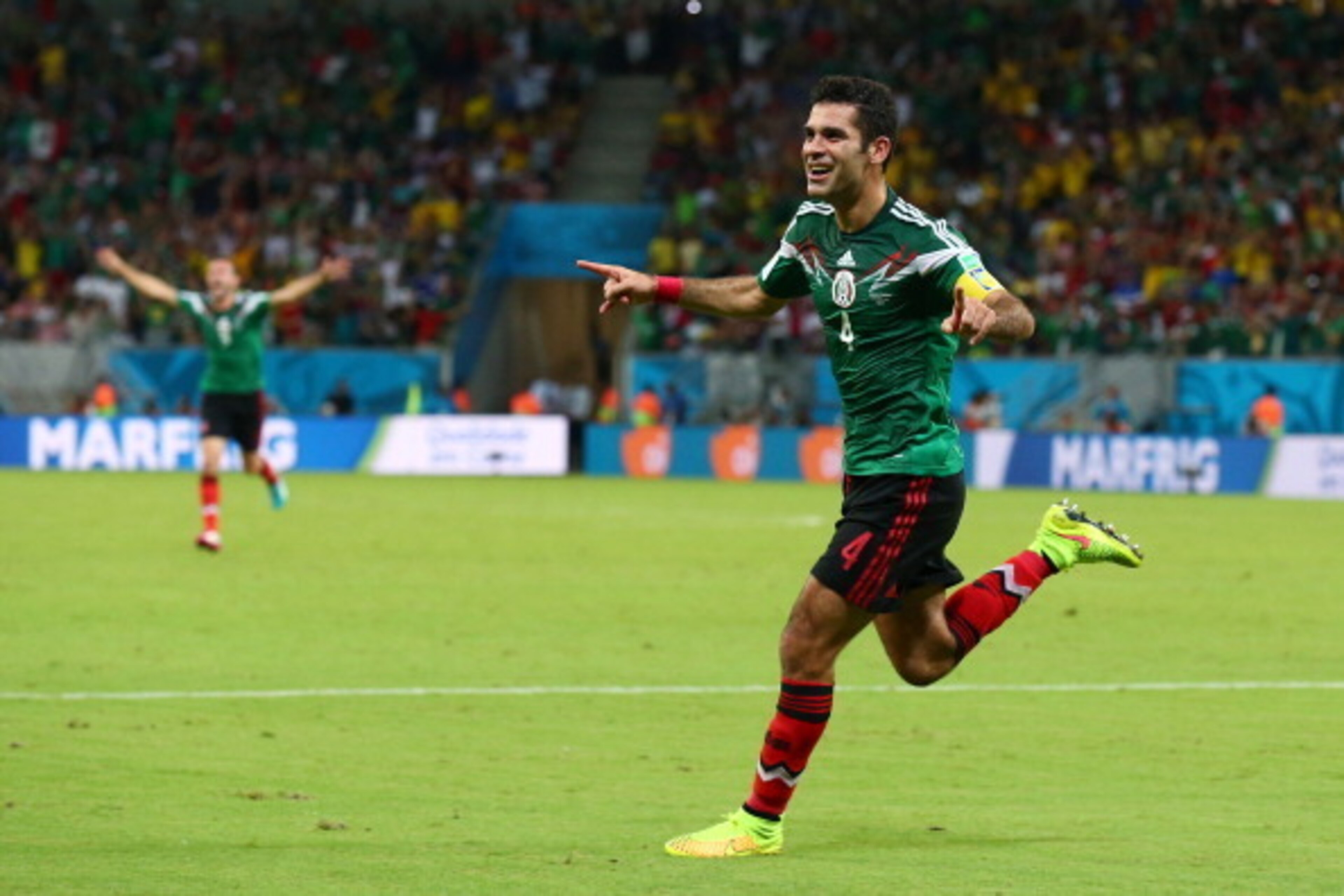 RECIFE, BRAZIL - JUNE 23: Rafael Marquez of Mexico celebrates scoring his team's first goal during the 2014 FIFA World Cup Brazil Group A match between Croatia and Mexico at Arena Pernambuco on June 23, 2014 in Recife, Brazil. (Photo by Robert Cianflon RECIFE, BRAZIL - JUNE 23: Rafael Marquez of Mexico celebrates scoring his team's first goal during the 2014 FIFA World Cup Brazil Group A match between Croatia and Mexico at Arena Pernambuco on June 23, 2014 in Recife, Brazil. (Photo by Robert Cianflon