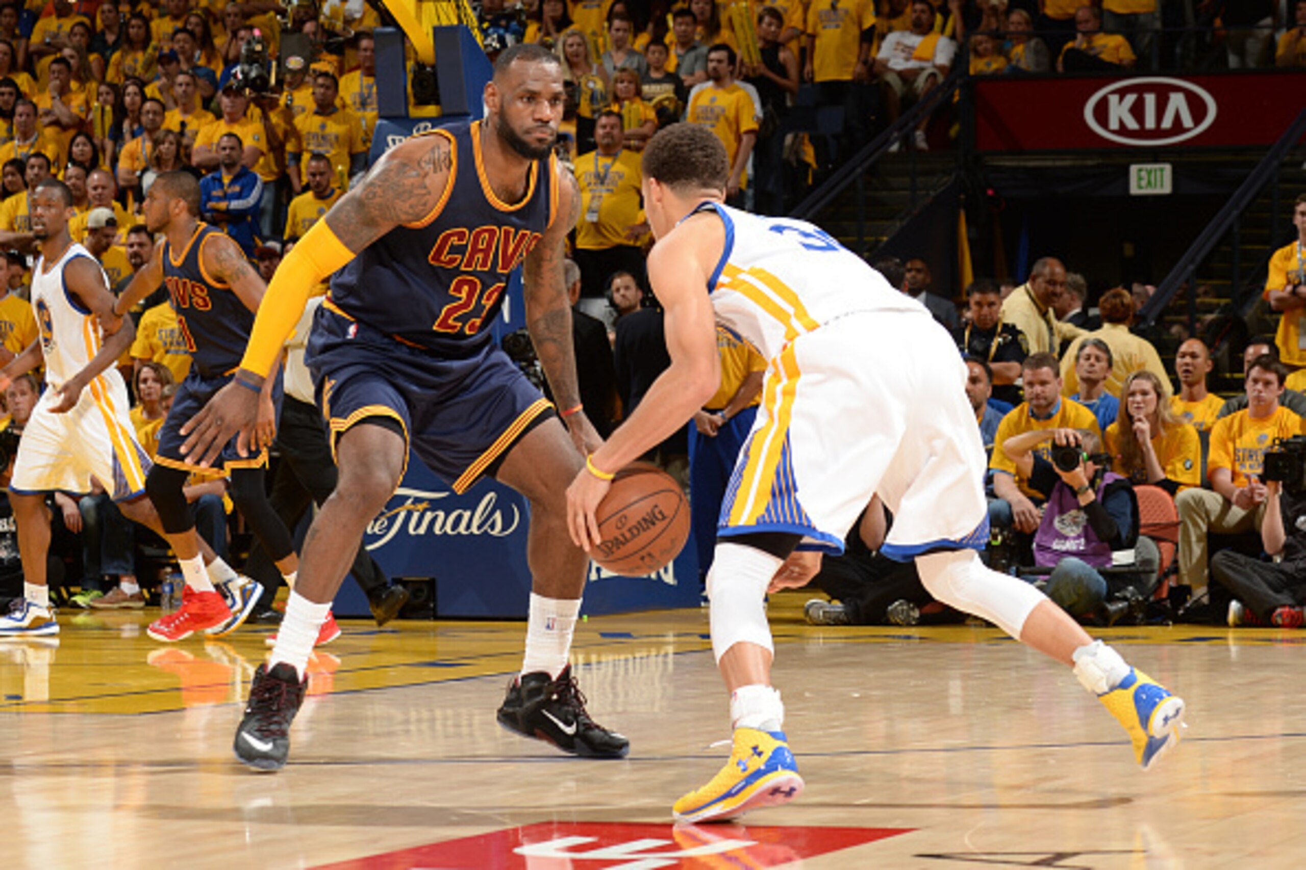 OAKLAND, CA - JUNE 7: Stephen Curry #30 of the Golden State Warriors handles the ball against LeBron James #23 of the Cleveland Cavaliers in Game Two of the 2015 NBA Finals on June 4, 2015 at Oracle Arena in Oakland, California. NOTE TO USER: User express