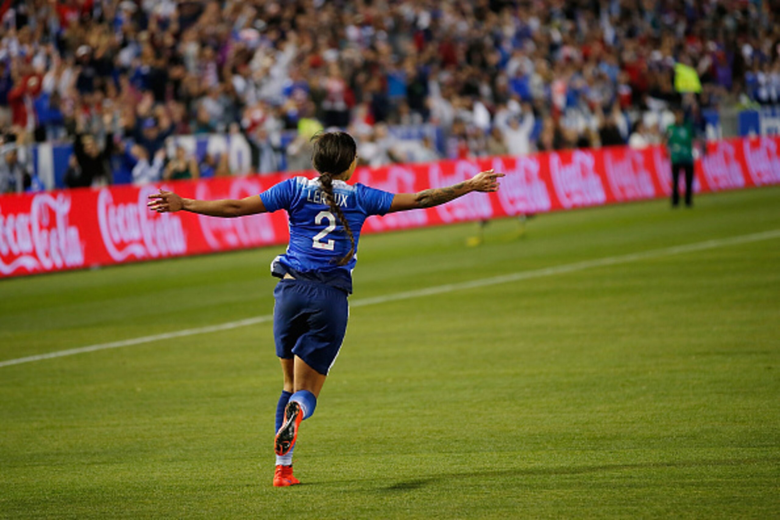 LOS ANGELES, CA - MAY 17:  Forward Sydney Leroux #2 of USA celebrates after her goal in the second half against Mexico during their international friendly match at StubHub Center on May 17, 2015 in Los Angeles, California.  (Photo by Joe Scarnici/Getty Im
