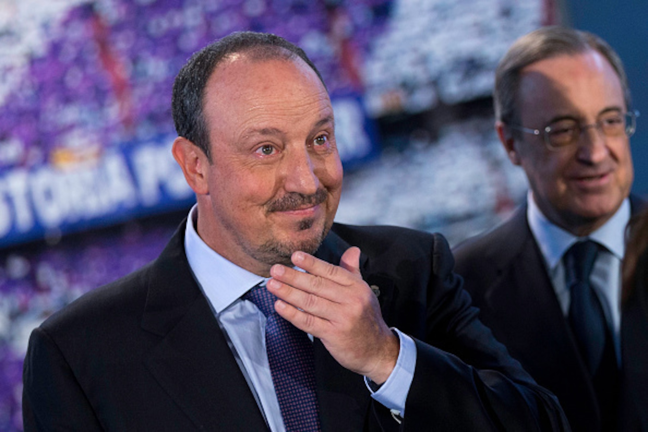 MADRID, SPAIN - JUNE 03: New Real Madrid head coach Rafael Benitez (L) looks on with his eyes wet ahead president Florentino Perez (R) after his presentation at Santiago Bernabeu stadium on June 3, 2015 in Madrid, Spain. (Photo by Gonzalo Arroyo Moreno MADRID, SPAIN - JUNE 03: New Real Madrid head coach Rafael Benitez (L) looks on with his eyes wet ahead president Florentino Perez (R) after his presentation at Santiago Bernabeu stadium on June 3, 2015 in Madrid, Spain. (Photo by Gonzalo Arroyo Moreno