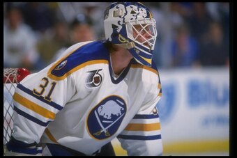 13 Oct 1991:  Goaltender Daren Puppa of the Buffalo Sabres looks on during a game against the Vancouver Canucks at Memorial Auditorium in Buffalo, New York. Mandatory Credit: Rick Stewart  /Allsport