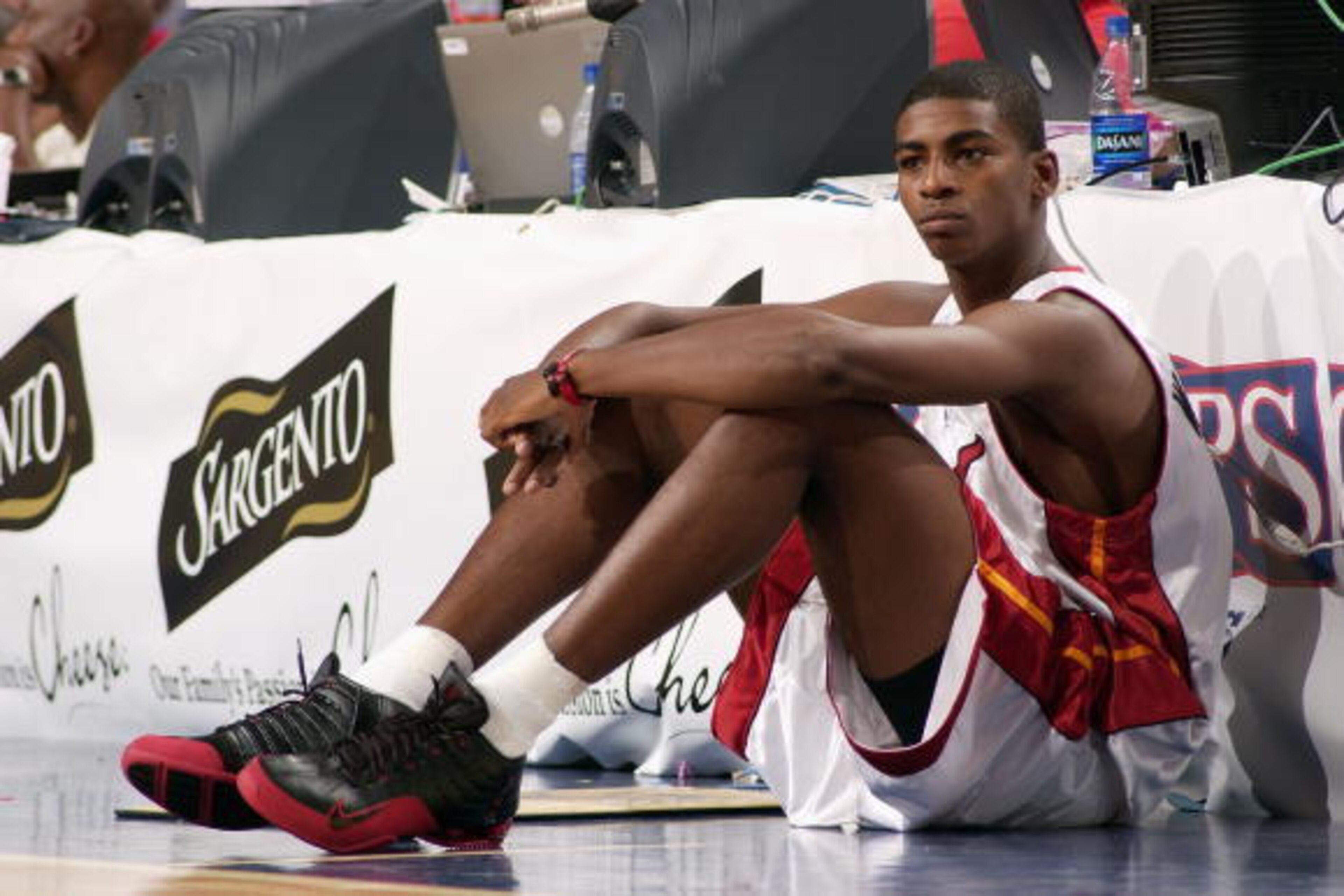 TAMPA, FL - OCTOBER 15: Dorell Wright #1 of the Miami Heat waits to enter the game against the Orlando Magic during a preseason game at the St. Pete Times Forum, on October 15, 2004 in Tampa, Florida. The Heat won 95-89. Note to User: User expressly ackn TAMPA, FL - OCTOBER 15: Dorell Wright #1 of the Miami Heat waits to enter the game against the Orlando Magic during a preseason game at the St. Pete Times Forum, on October 15, 2004 in Tampa, Florida. The Heat won 95-89. Note to User: User expressly ackn