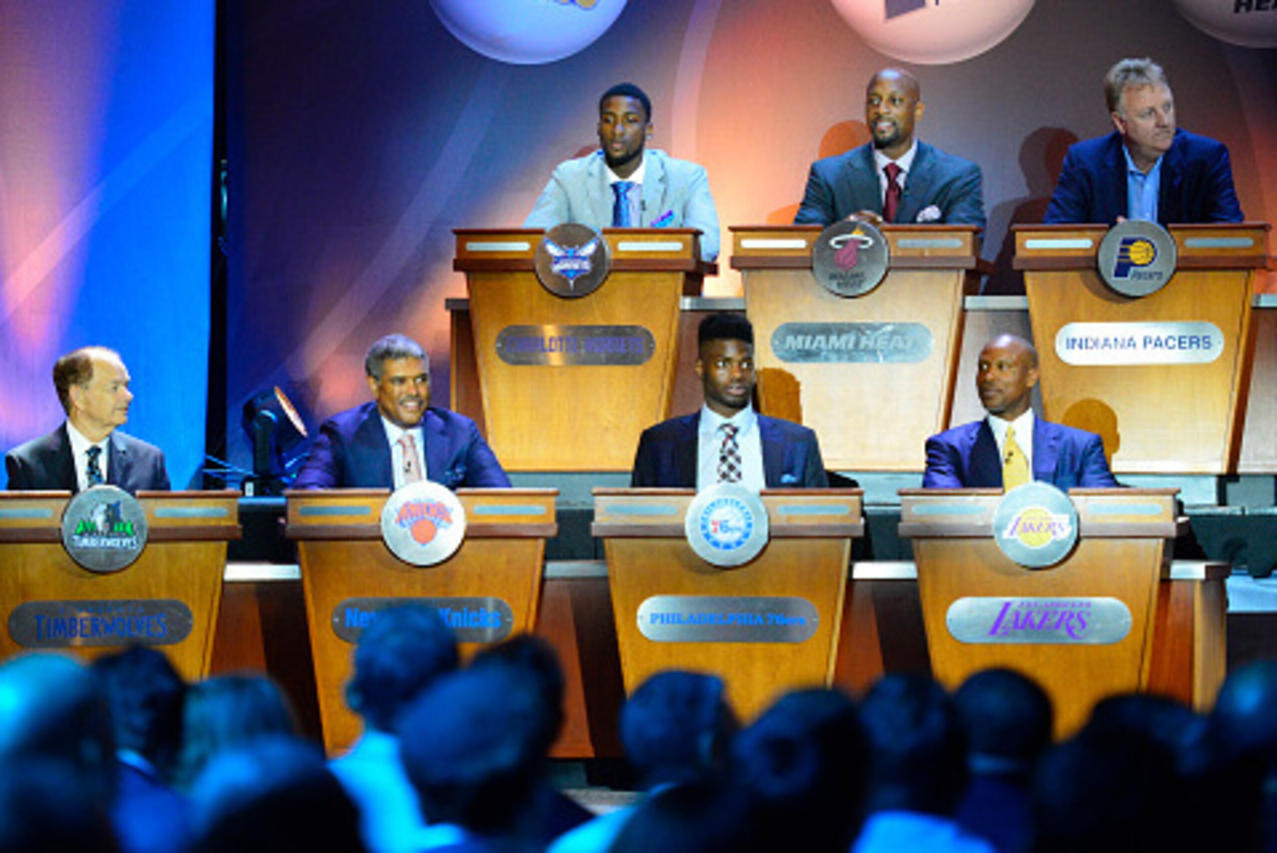 NEW YORK - MAY 19: Owner Glen Taylor of the Minnesota Timberwolves, General Manager Steve Mills of the New York Knicks, Nerlens Noel of the Philadelphia 76ers and Head Coach Byron Scott of the Los Angeles Lakers during the 2015 NBA Draft Lottery on May 19