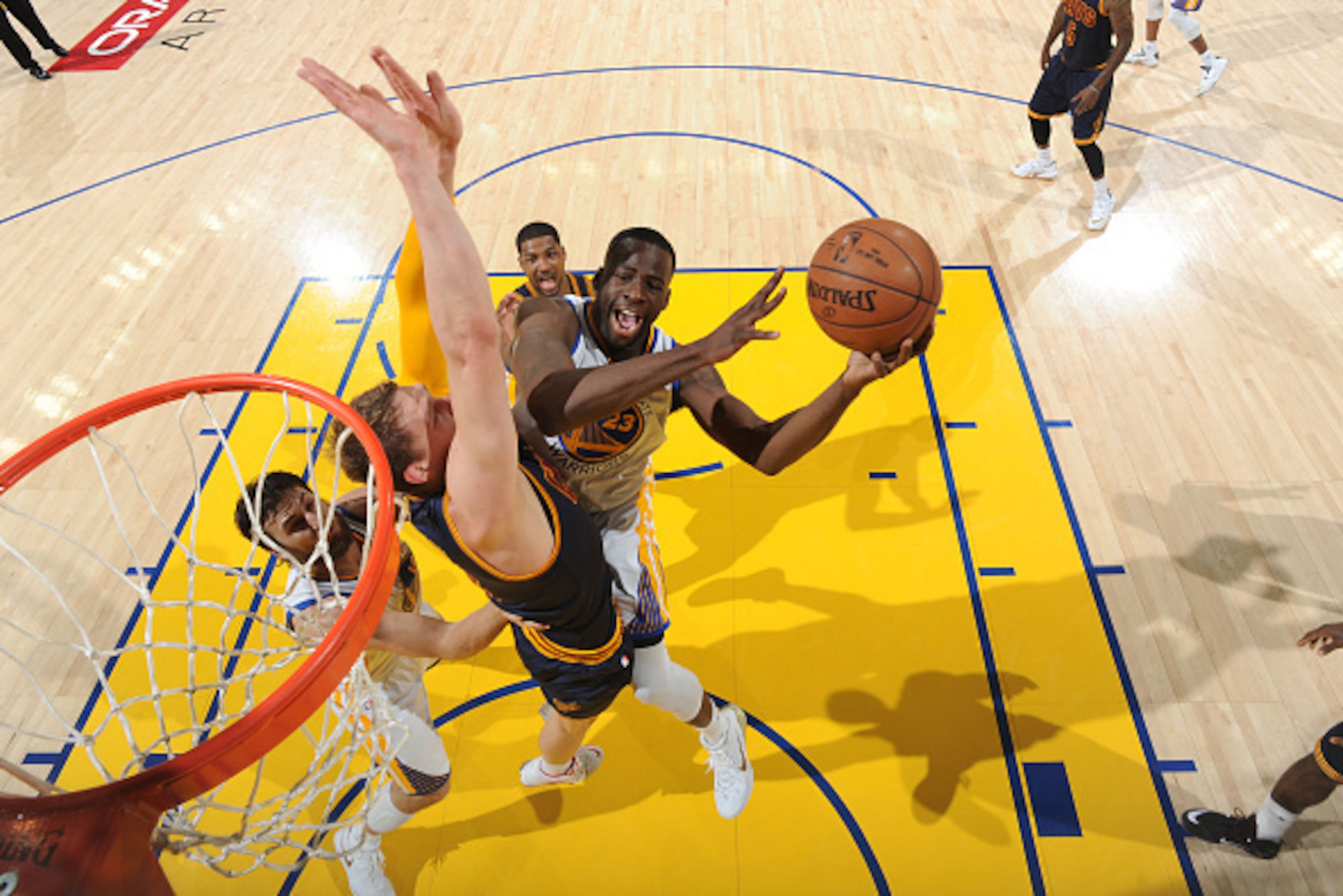 OAKLAND, CA - JUNE 7: Draymond Green #23 of the Golden State Warriors shoots against Timofey Mozgov #20 of the Cleveland Cavaliers during Game Two of the 2015 NBA Finals on June 7, 2015 at Oracle Arena in Oakland, California. NOTE TO USER: User expressly 