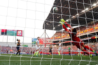 WINNIPEG, MB - JUNE 08:  Goalkeeper Hope Solo #1 of United States makes a save in the first half against Australia during the FIFA Women's World Cup 2015 Group D match at Winnipeg Stadium on June 8, 2015 in Winnipeg, Canada.  (Photo by Kevin C. Cox/Getty 