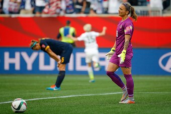 WINNIPEG, MB - JUNE 08:  Melissa Barbieri #18 and Laura Alleway #5 of Australia react after Megan Rapinoe #15 of United States scores her second goal of the match in the second half during the FIFA Women's World Cup 2015 Group D match at Winnipeg Stadium 