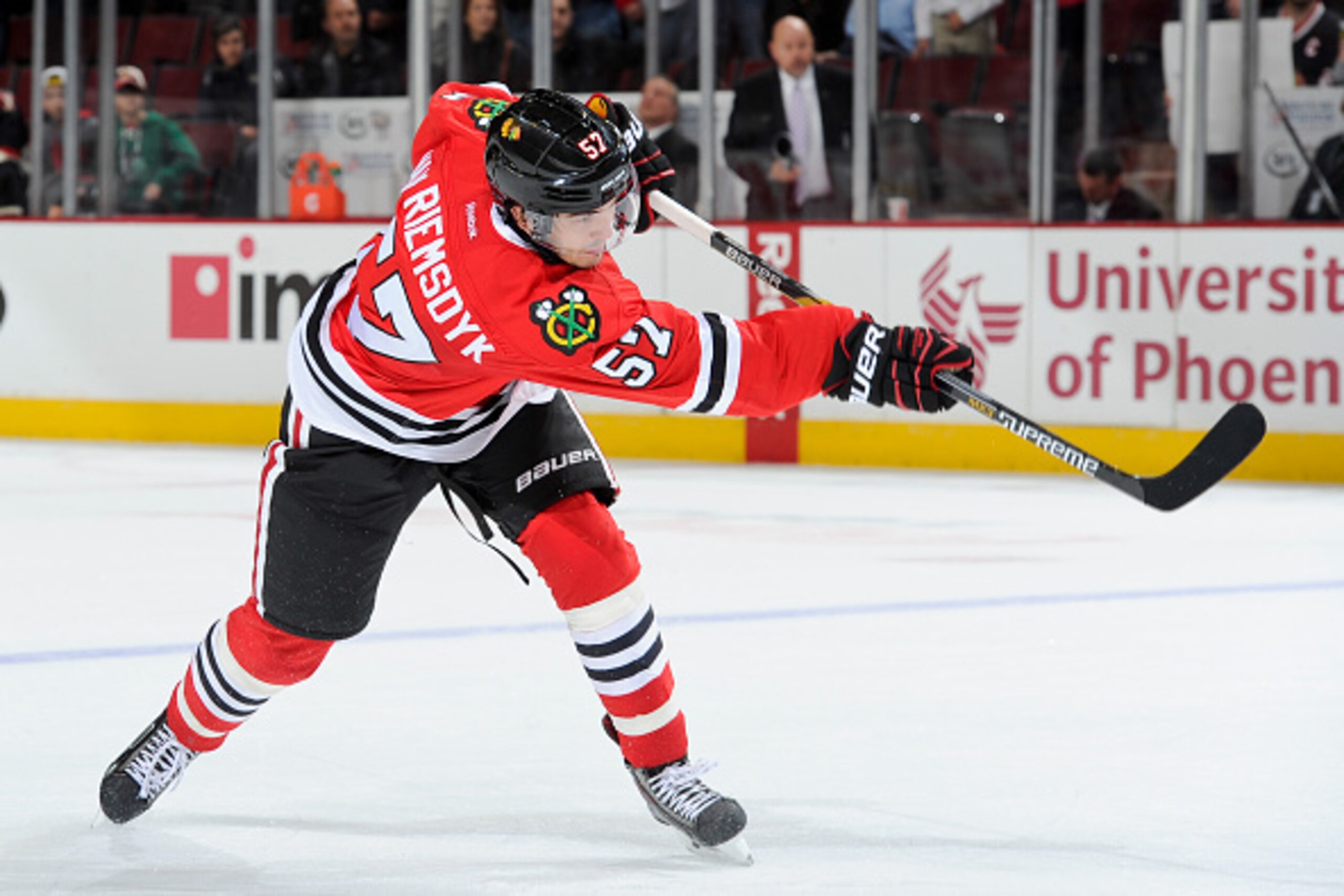 CHICAGO, IL - NOVEMBER 9:  Trevor van Riemsdyk #57 of the Chicago Blackhawks shoots the puck during the NHL game against the San Jose Sharks on November 09, 2014 at the United Center in Chicago, Illinois. (Photo by Bill Smith/NHLI via Getty Images)