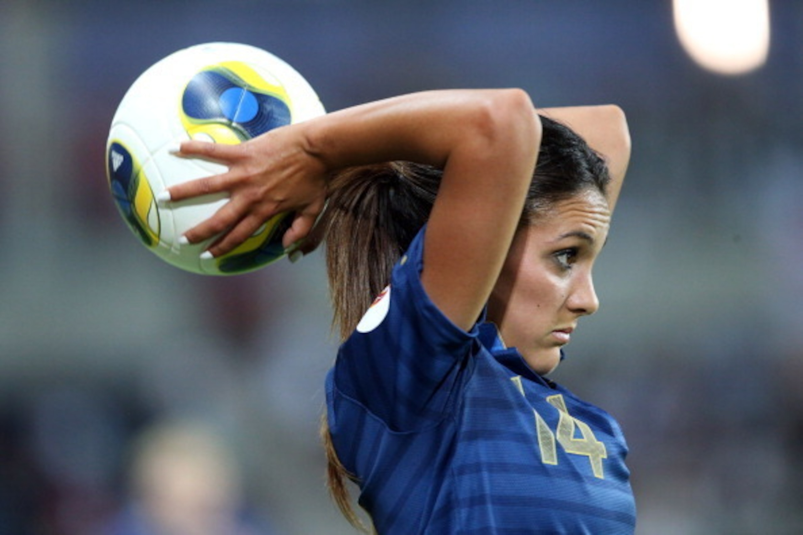 LINKOPING, SWEDEN - JULY 18: Louisa Necib of France does a throw-in during the UEFA Women's EURO 2013 Group C match between France and England at Linkoping Arena on July 18, 2013 in Linkoping, Sweden.  (Photo by Christof Koepsel/Getty Images)