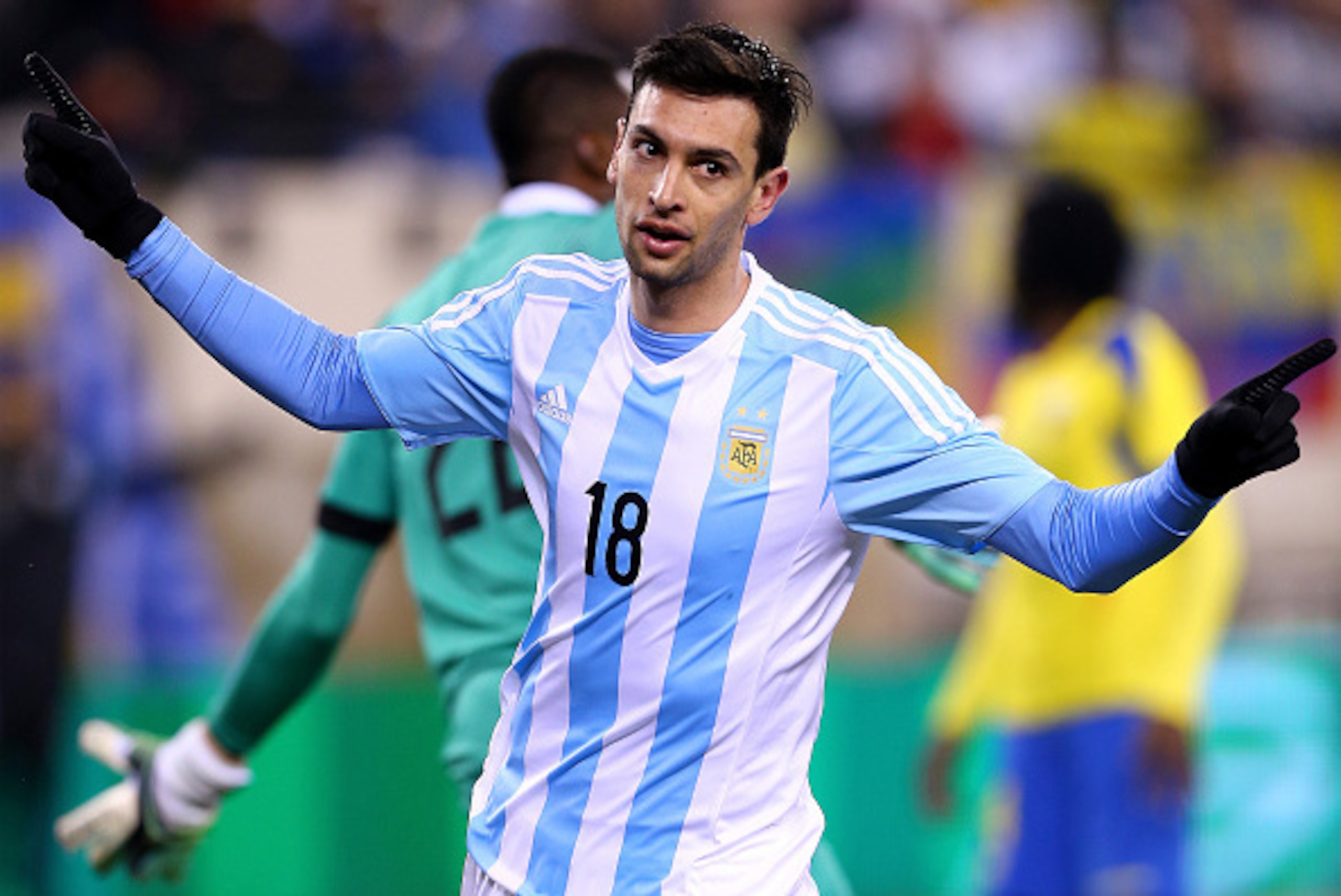 EAST RUTHERFORD, NJ - MARCH 31:  Javier Pastore #18 of Argentina celebrates his goalduring a friendly match at MetLife Stadium on March 31, 2015 in East Rutherford, New Jersey.Argentina defeated Ecuador 2-1.  (Photo by Elsa/Getty Images)