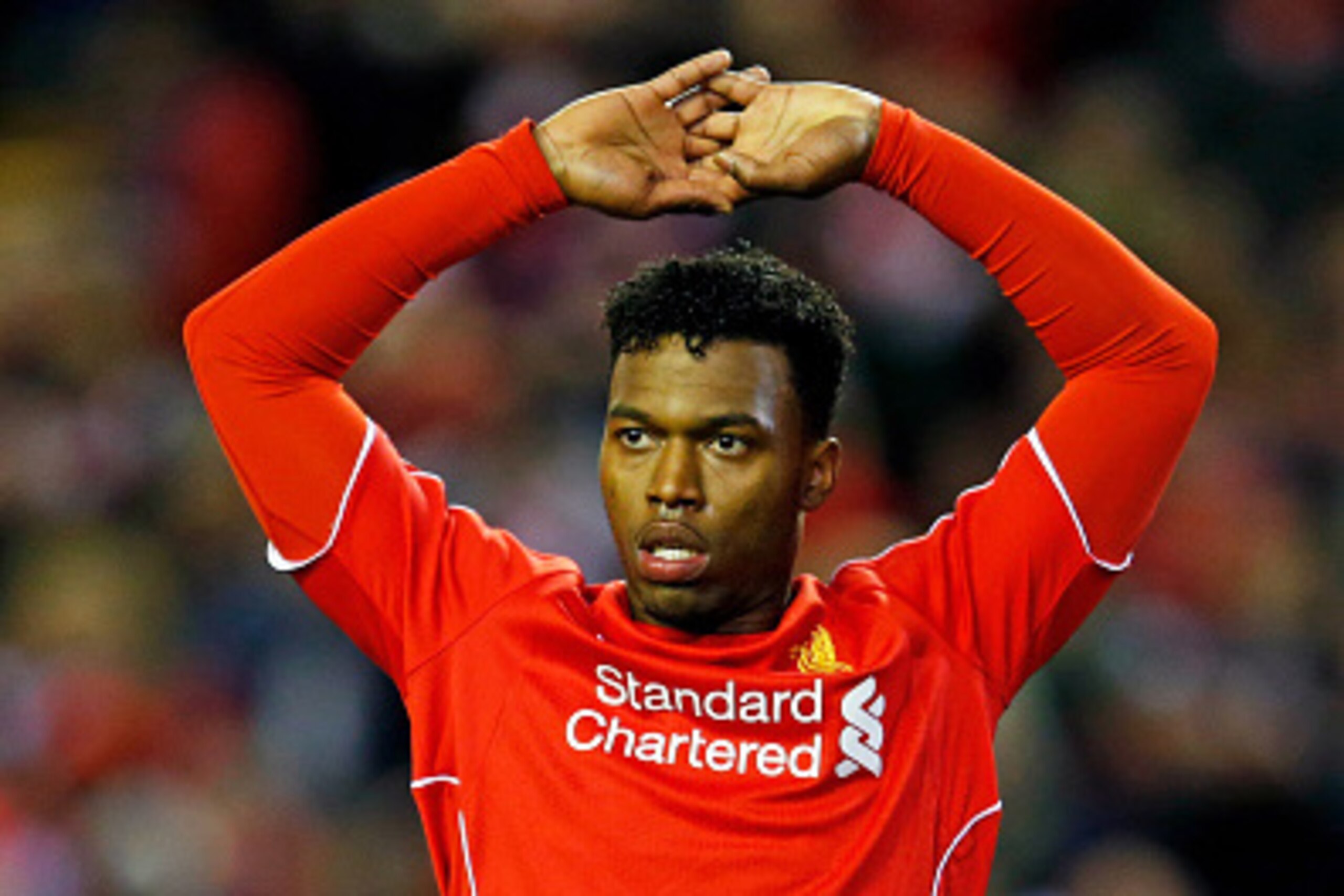 LIVERPOOL, ENGLAND - FEBRUARY 19:  Daniel Sturridge of Liverpool reacts during the UEFA Europa League Round of 32 match between Liverpool FC and Besiktas JK at Anfield on February 19, 2015 in Liverpool, United Kingdom.  (Photo by Julian Finney/Getty Image