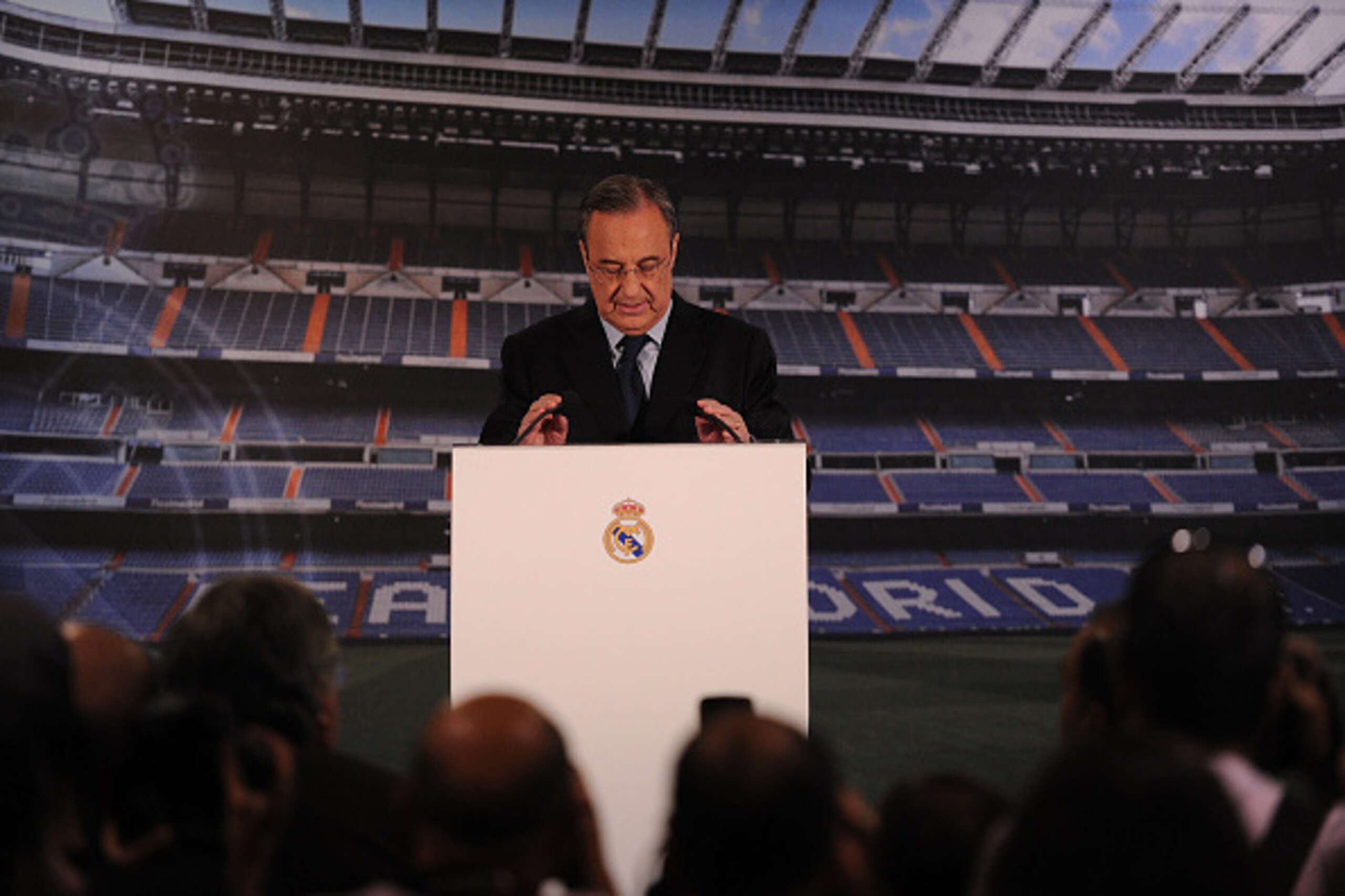 MADRID, SPAIN - MAY 25:  President Florentino Perez of Real Madrid holds a news conference at the Santiago Bernabeu stadium on May 25, 2015 in Madrid, Spain. Perez announced the club's decision to let go their head coach Carlo Ancelotti.  (Photo by Denis 