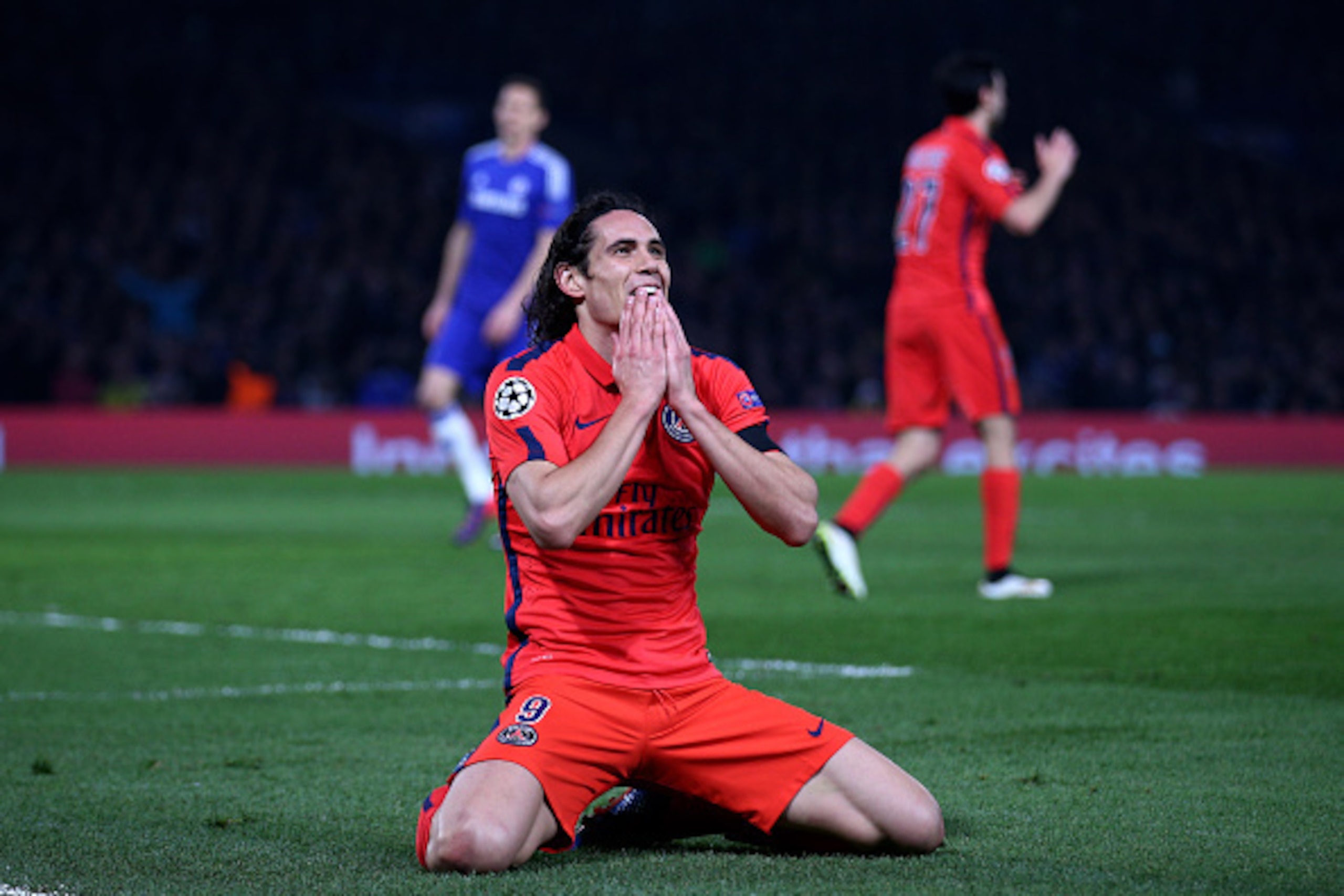 LONDON, ENGLAND - MARCH 11:  Edinson Cavani of PSG reacts after a missed chance on goal during the UEFA Champions League Round of 16, second leg match between Chelsea and Paris Saint-Germain at Stamford Bridge on March 11, 2015 in London, England.  (Photo