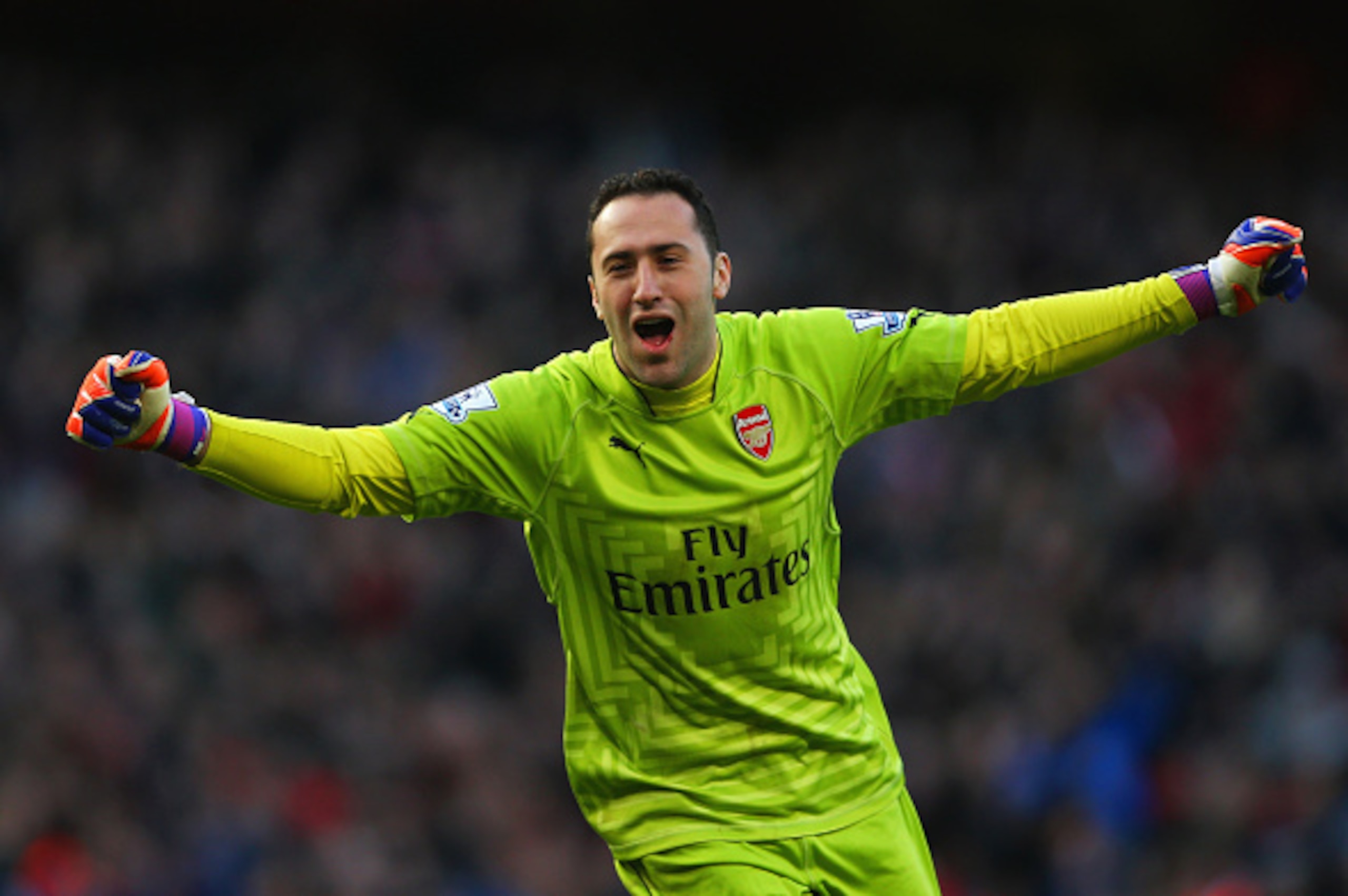 LONDON, ENGLAND - MARCH 01:  Goalkeeper David Ospina of Arsenal celebrates during the Barclays Premier League match between Arsenal and Everton at Emirates Stadium on March 1, 2015 in London, England.  (Photo by Paul Gilham/Getty Images)