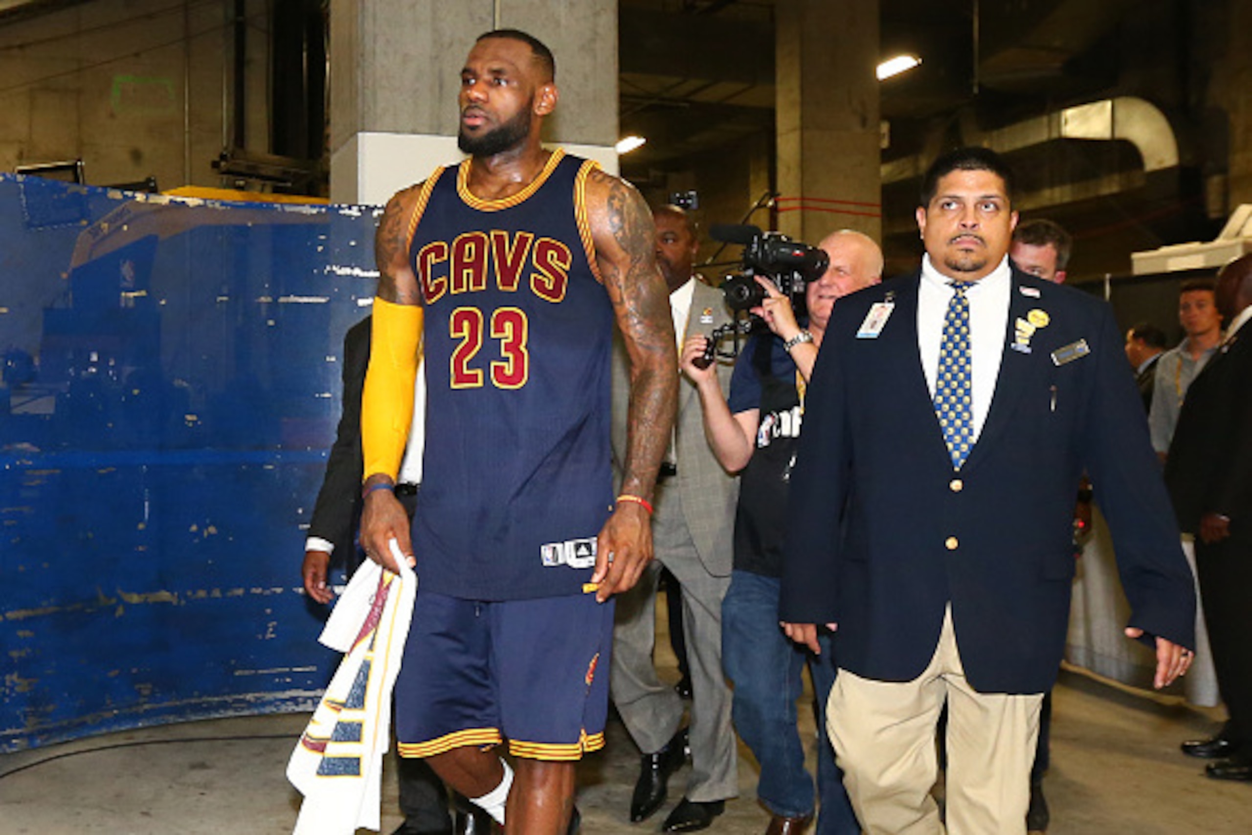OAKLAND, CA - JUNE 7: LeBron James #23 of the Cleveland Cavaliers walks to the locker room after winning Game Two of the 2015 NBA Finals on June 7, 2015 at Oracle Arena in Oakland, California. NOTE TO USER: User expressly acknowledges and agrees that, by 