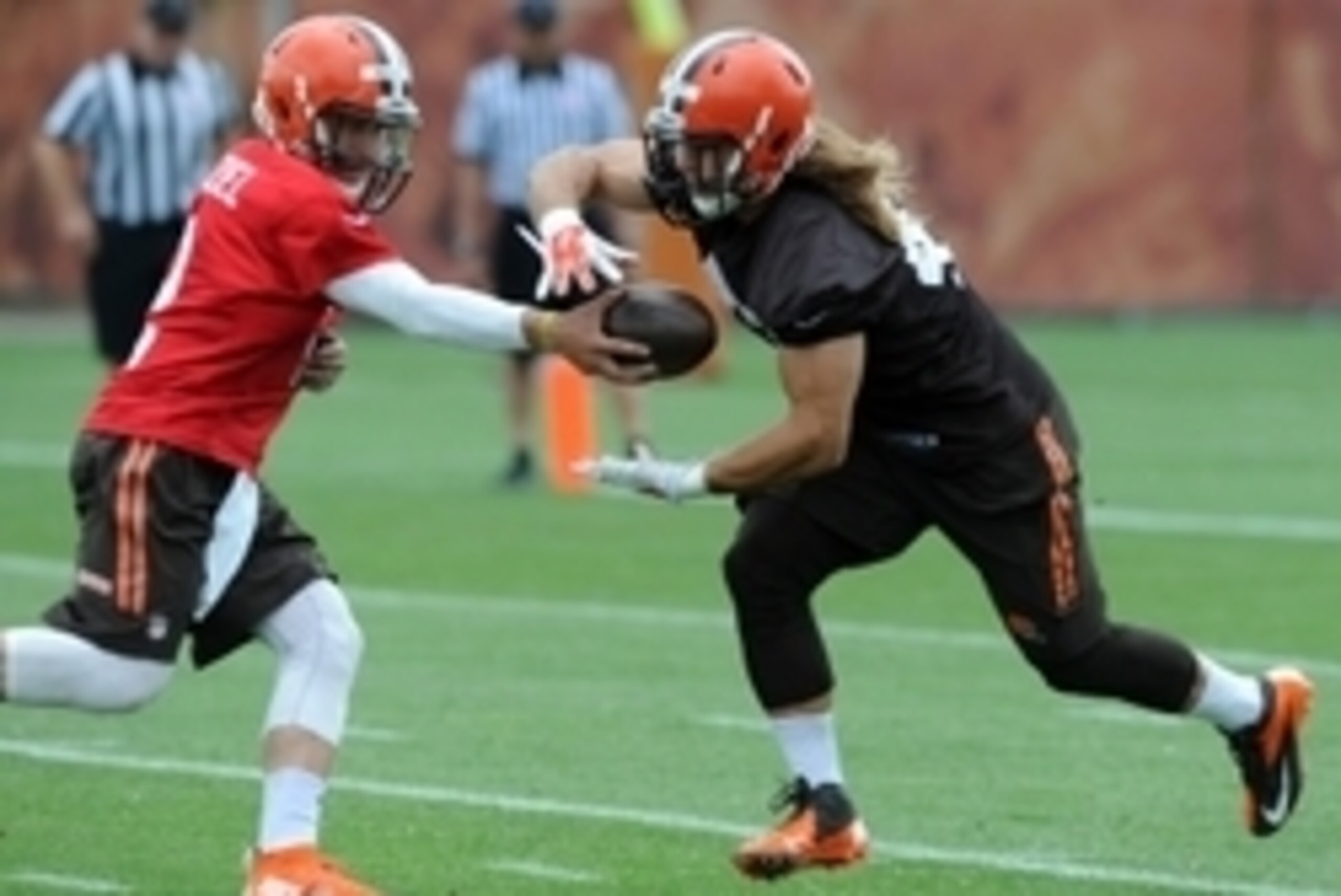 May 26, 2015; Berea, OH, USA; Cleveland Browns quarterback Johnny Manziel (2) and Cleveland Browns running back Luke Lundy (42) during organized team activities at the Cleveland Browns training facility. Mandatory Credit: Ken Blaze-USA TODAY Sports