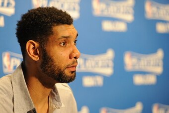 LOS ANGELES, CA - APRIL 28:  Tim Duncan #21 of the San Antonio Spurs speaks to the media after Game Five of the Western Conference Quarterfinals against the Los Angeles Clippers during the 2015 NBA Playoffs on April 28, 2015 at Staples Center in Los Angel