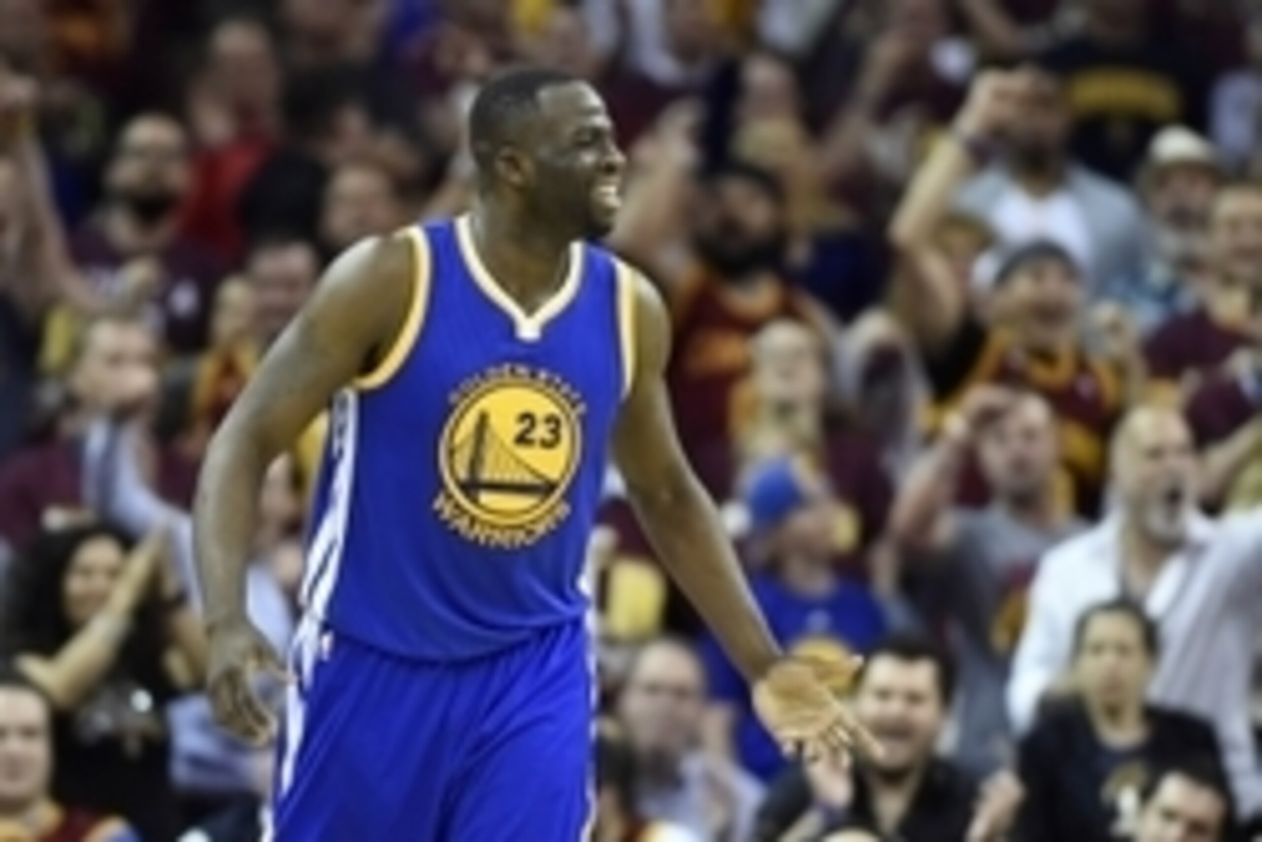 Jun 9, 2015; Cleveland, OH, USA; Golden State Warriors forward Draymond Green (23) reacts to a play during the fourth quarter against the Cleveland Cavaliers in game three of the NBA Finals at Quicken Loans Arena. Mandatory Credit: Bob Donnan-USA TODAY Sp