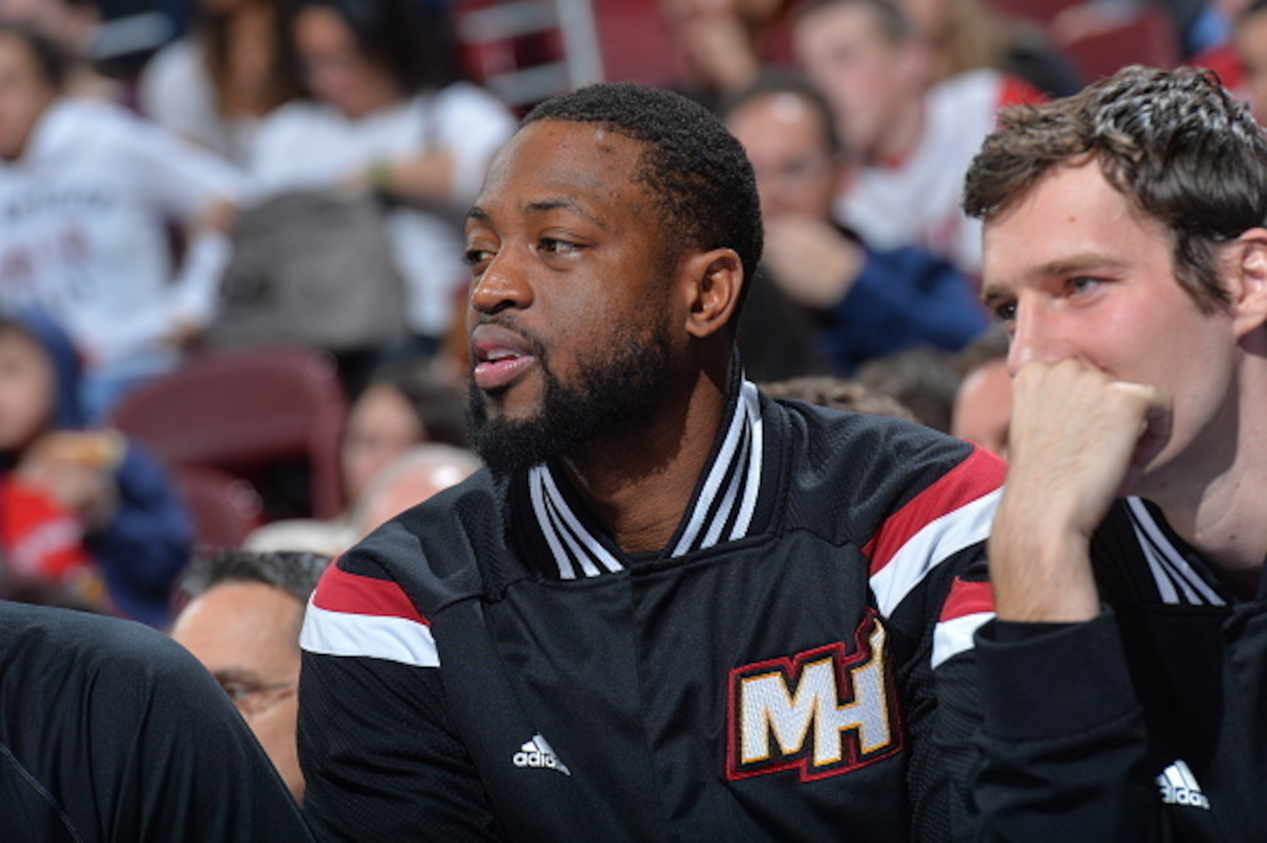 PHILADELPHIA,PA - APRIL 15: Dwyane Wade #3 of the Miami Heat looks on against the Philadelphia 76ers at Wells Fargo Center on April 15, 2015 in Philadelphia, Pennsylvania NOTE TO USER: User expressly acknowledges and agrees that, by downloading and/or usi