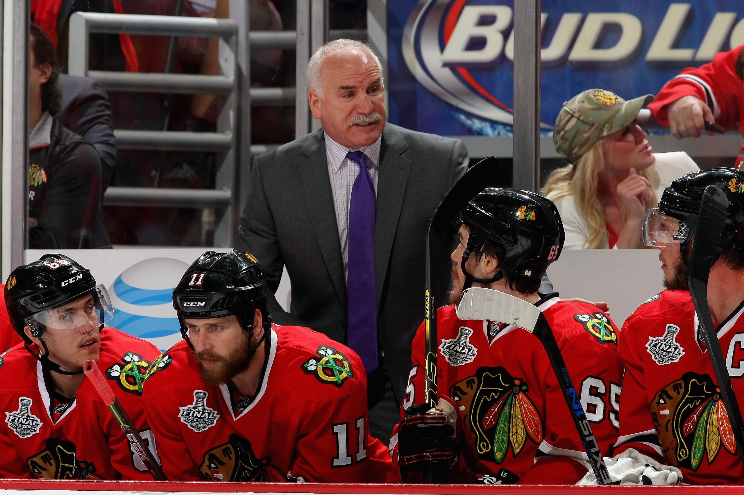 CHICAGO, IL - JUNE 08:  Joel Quenneville of the Chicago Blackhawks yells to his team during the third period of Game Three of the 2015 NHL Stanley Cup Final against the Tampa Bay Lightning at United Center on June 8, 2015 in Chicago, Illinois.  (Photo by