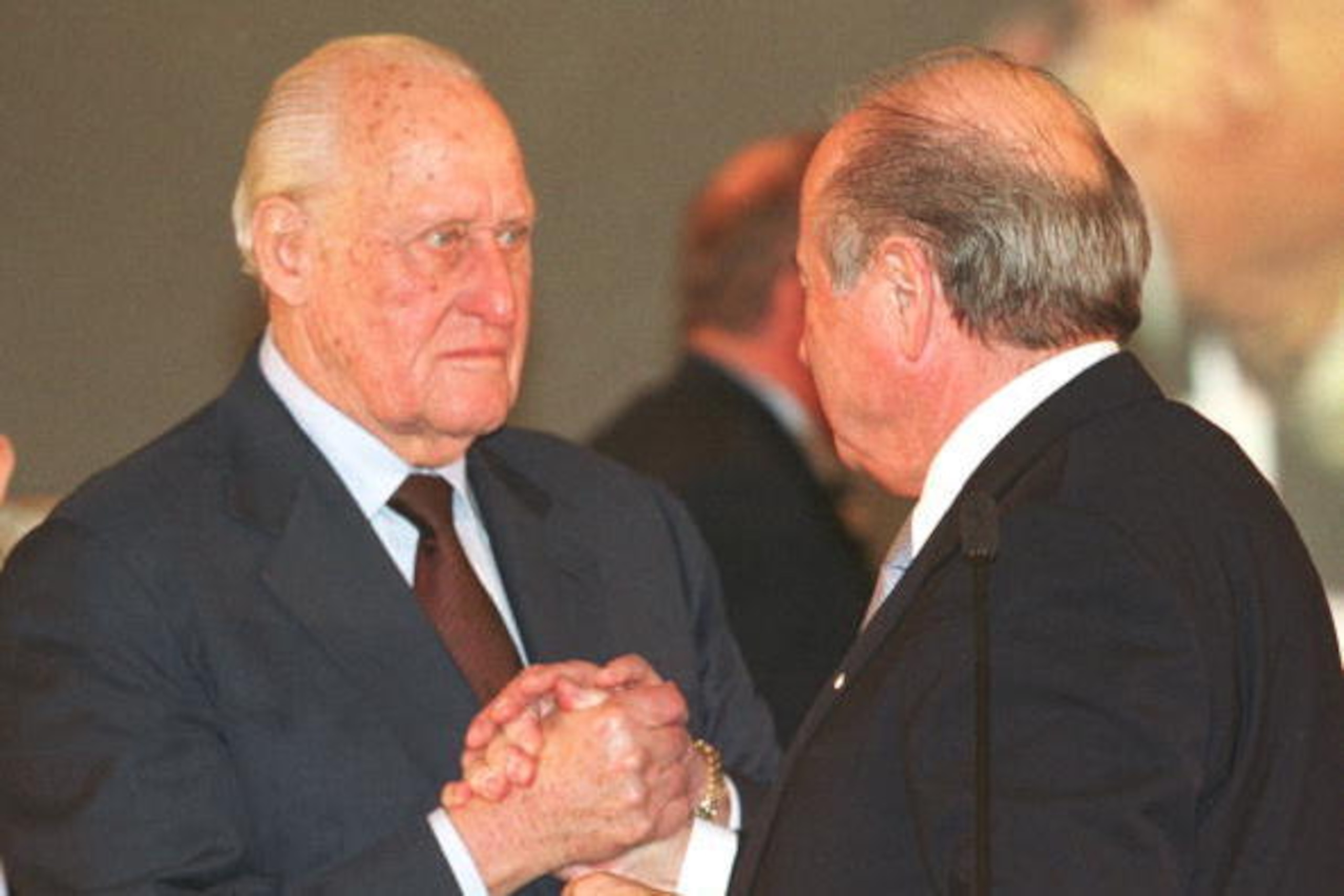 405945 02: Federation Internationale de Football Association (FIFA) President Sepp Blatter (R) is congratulated by former FIFA president Joao Havelange (L) after Blatter won a second four-year term as FIFA president during the 53rd Ordinary FIFA Congress 