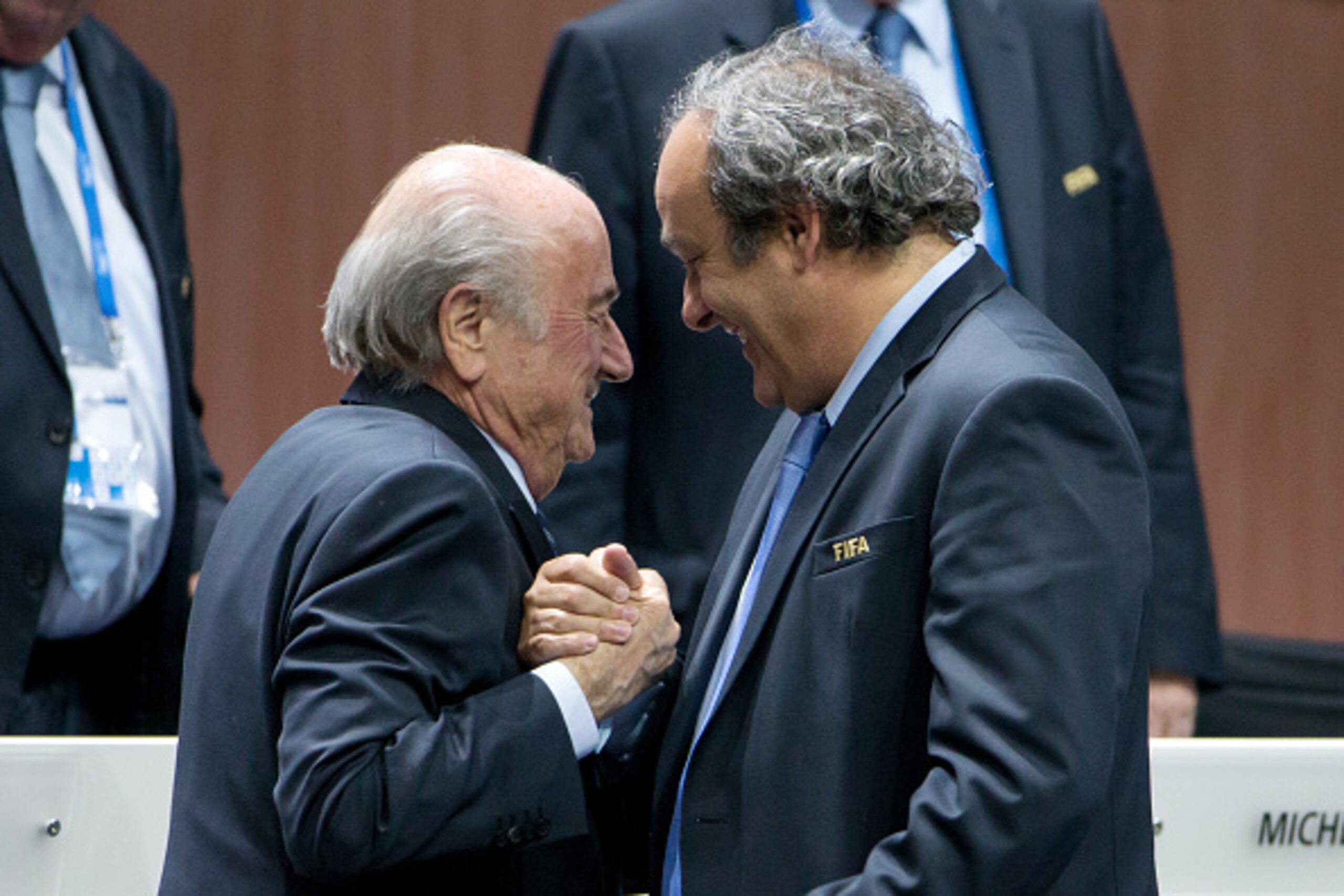 ZURICH, SWITZERLAND - MAY 29: FIFA President Joseph S. Blatter (L) shakes hands with UEFA president Michel Platini during the 65th FIFA Congress at Hallenstadion on May 29, 2015 in Zurich, Switzerland. (Photo by Philipp Schmidli/Getty Images)